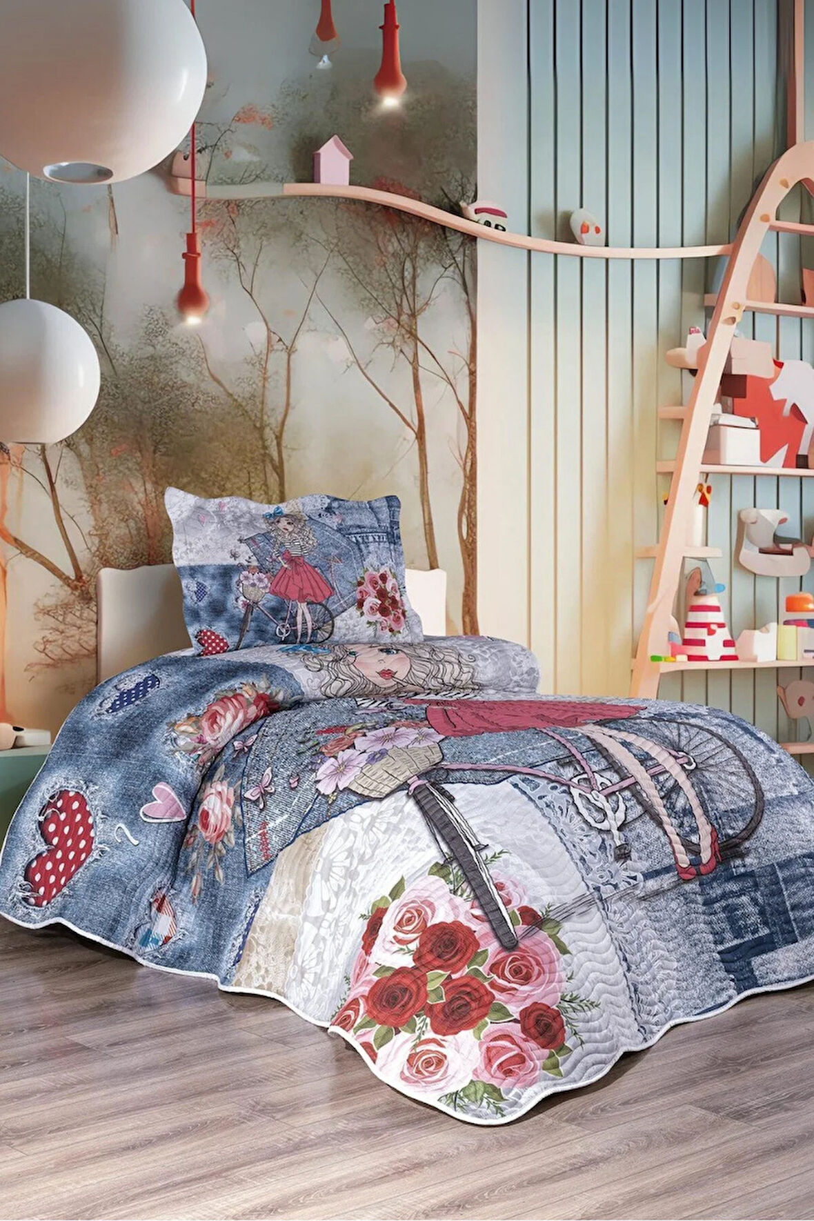 Çiçekci Kız Çocuk Tek Kişilik Yatak Örtüsü Takımı - Pike Set