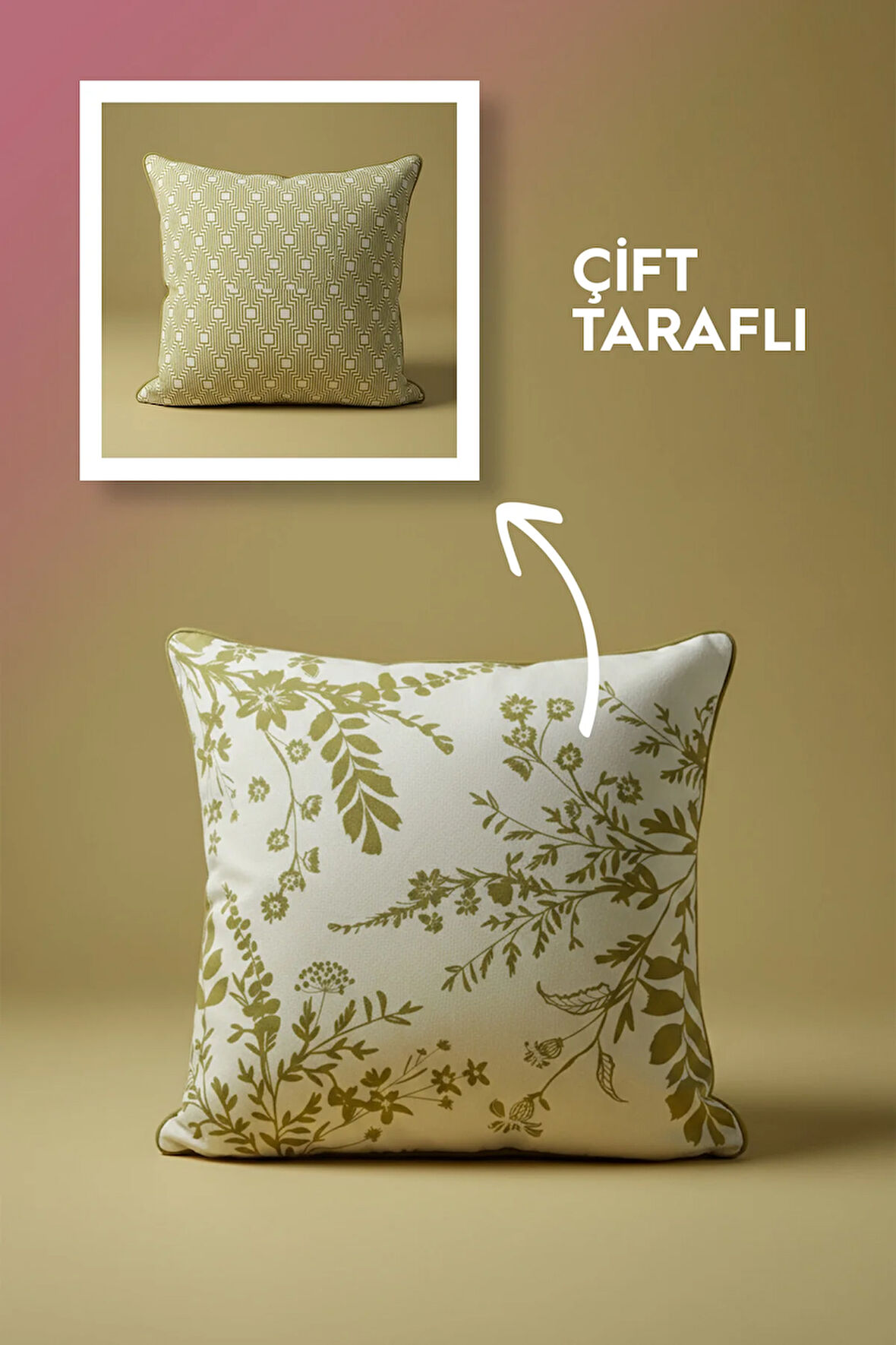 Veyra Çift Taraflı Yeşil Çiçek Desenli Kırlent Kılıfı 45x45