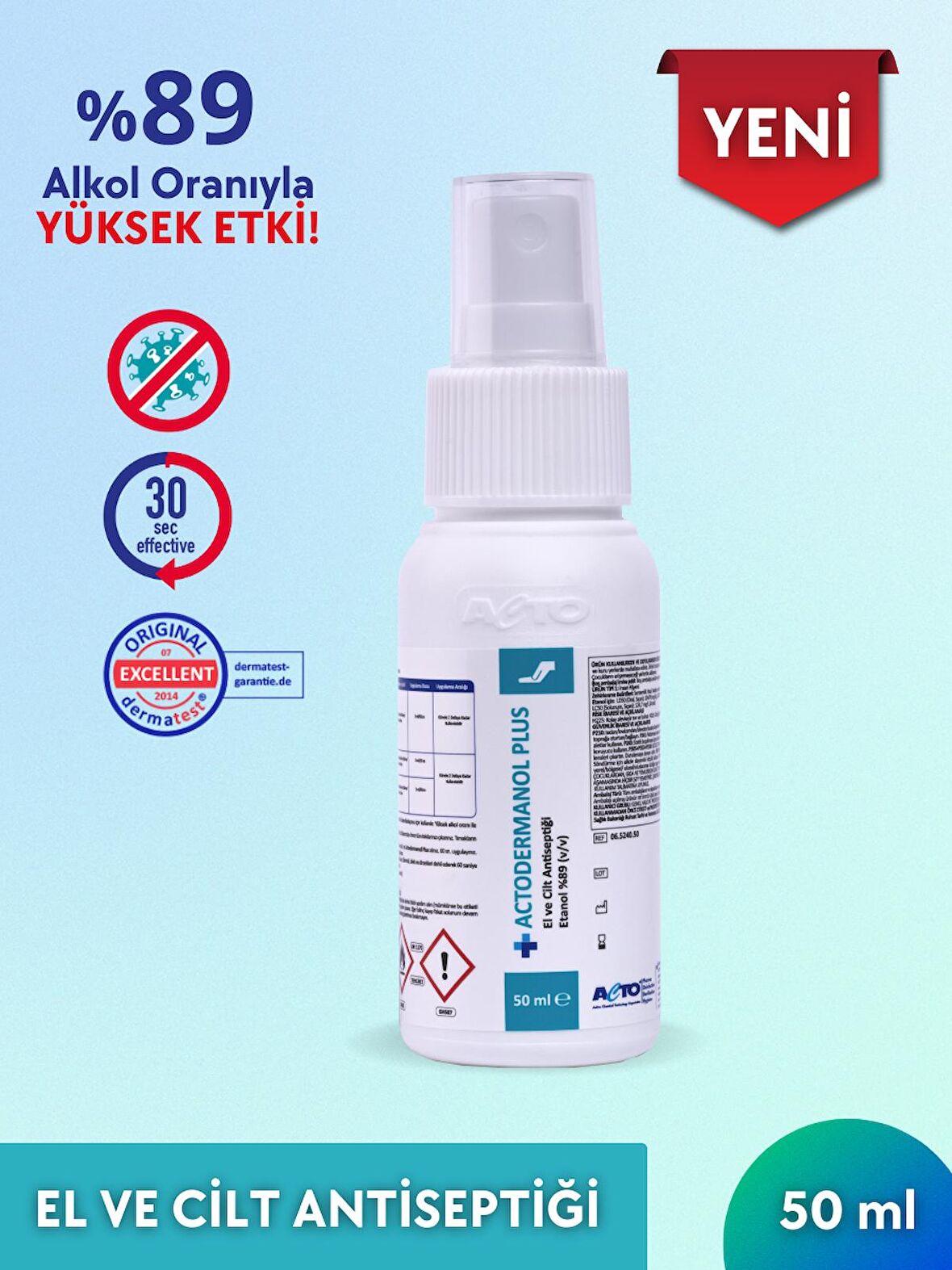 ACTODERMANOL® PLUS 50 ml | El ve Cilt Antiseptiği %89 (v/v) Etanol