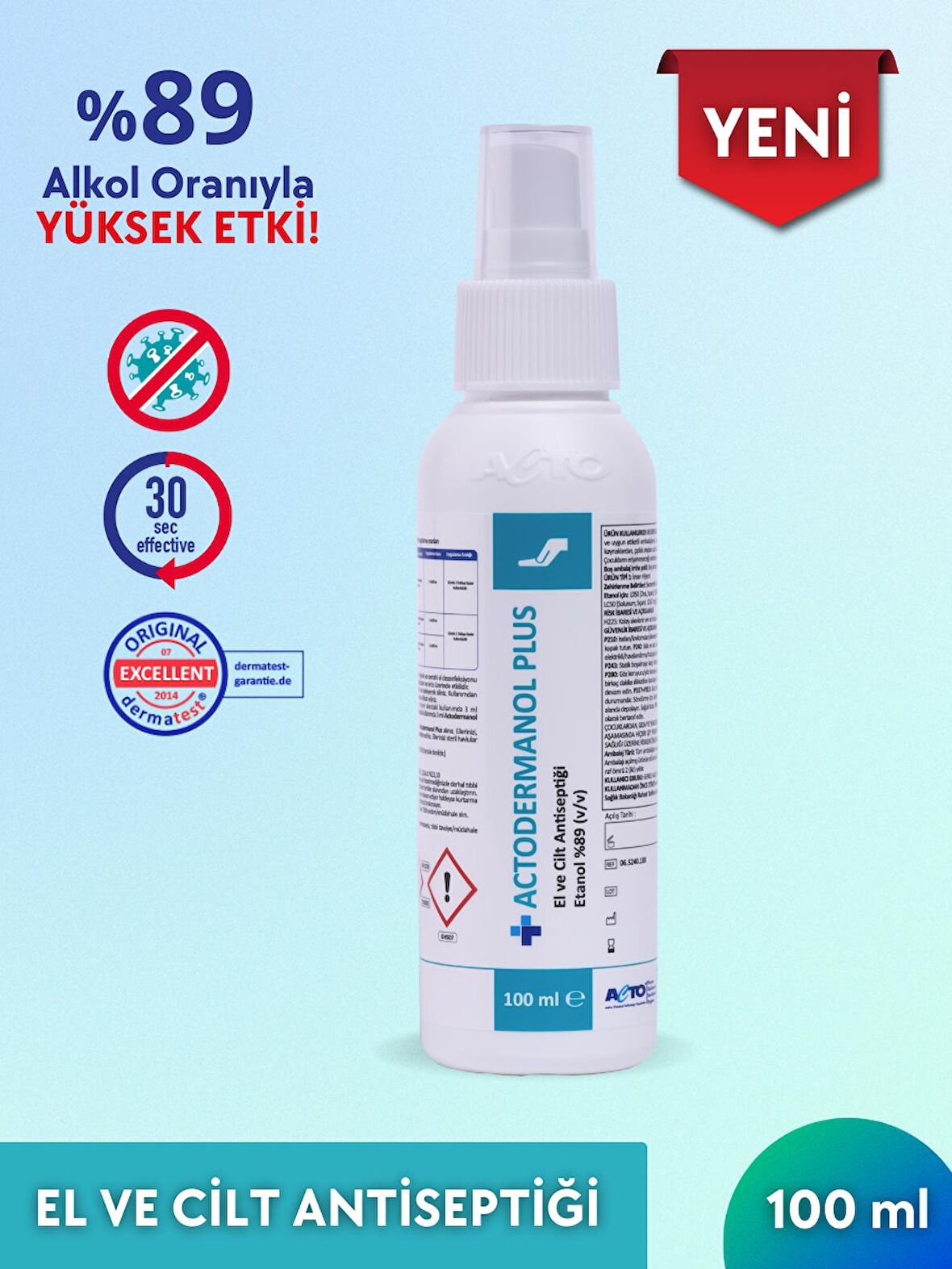 ACTODERMANOL® PLUS 100 ml | El ve Cilt Antiseptiği %89 (v/v) Etanol