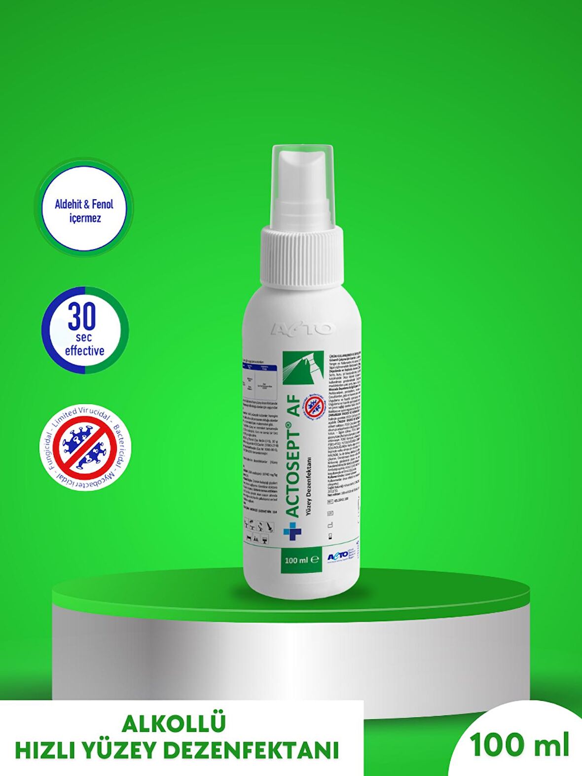 ACTOSEPT® AF 100 ml | Kullanıma Hazır Alkollü Yüzey Dezenfektanı 30 saniyede Etkili