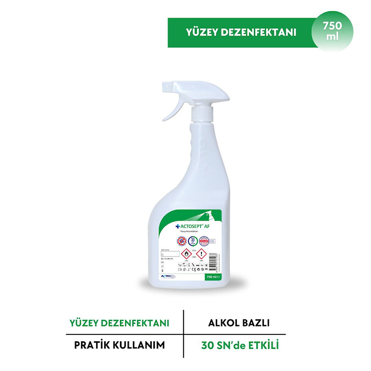 ACTOSEPT® AF 750 ml Alkollü Hızlı Yüzey Dezenfektanı 30 Saniyede Etki