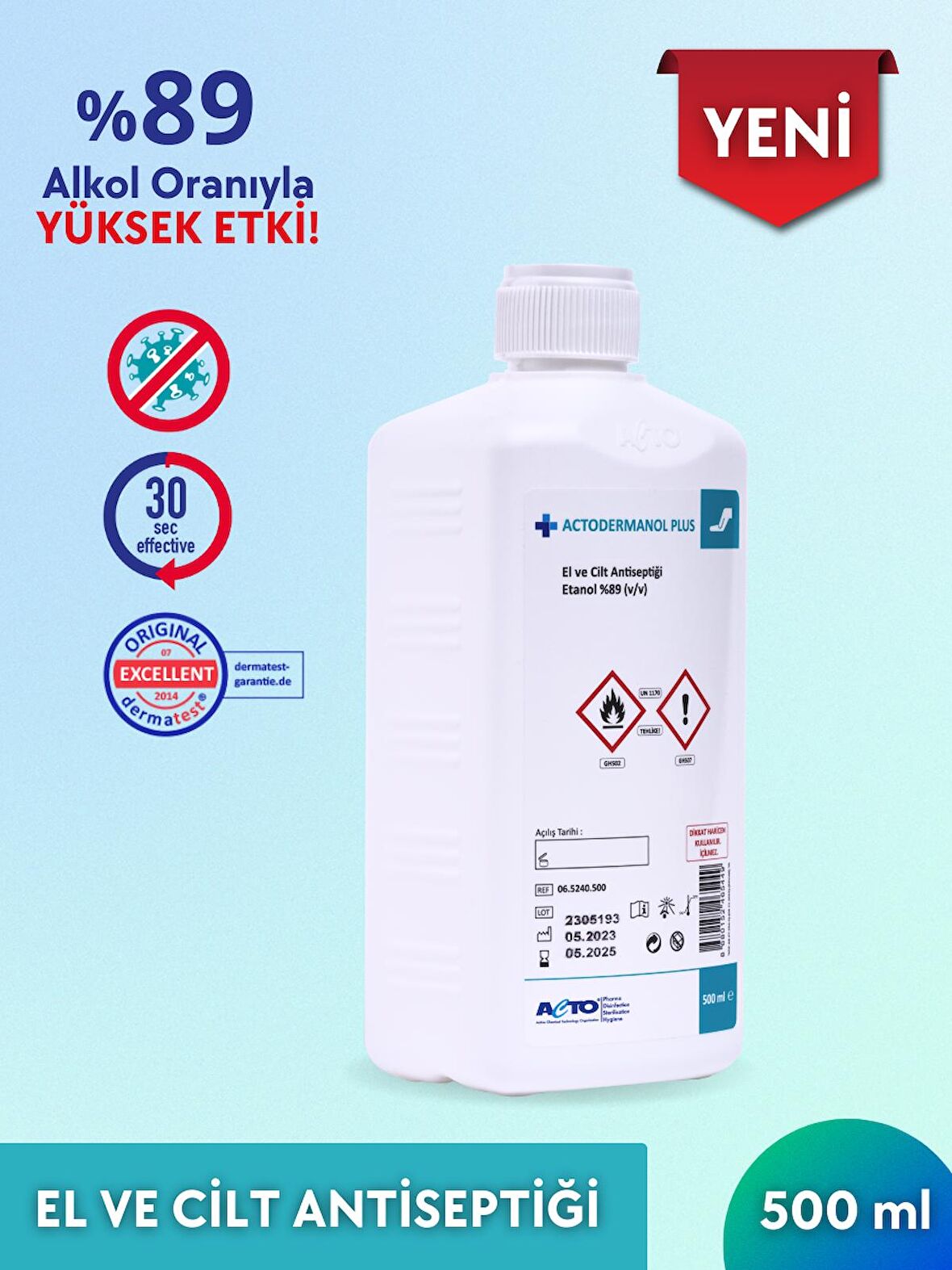 ACTODERMANOL® PLUS 500 ml | El ve Cilt Antiseptiği %89 (v/v) Etanol