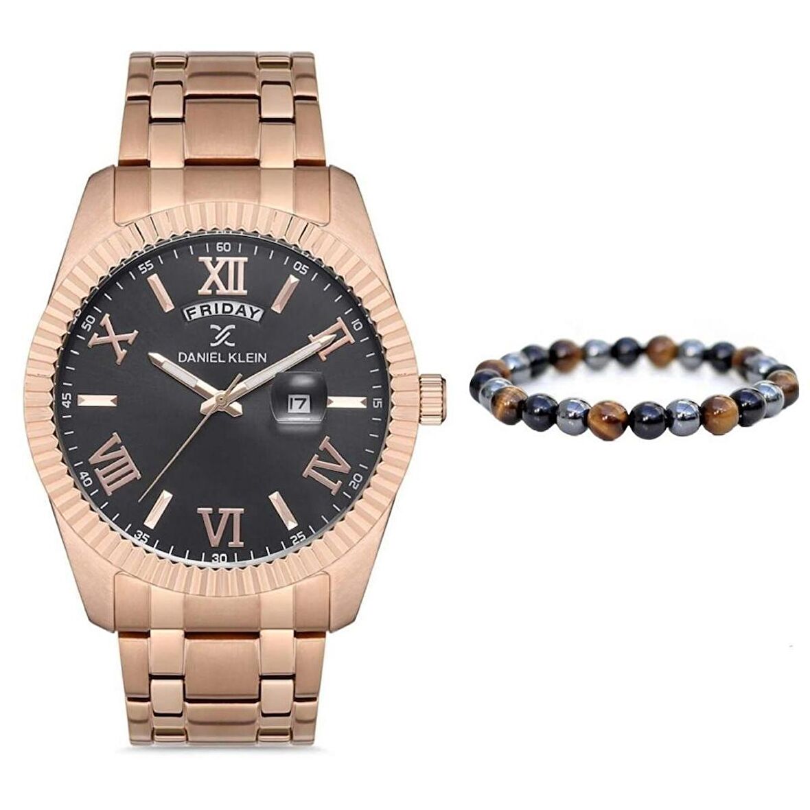 Daniel Klein Rosegold Çelik Takvimli Erkek Kol Saat Doğal Taş Bileklik Hediyeli