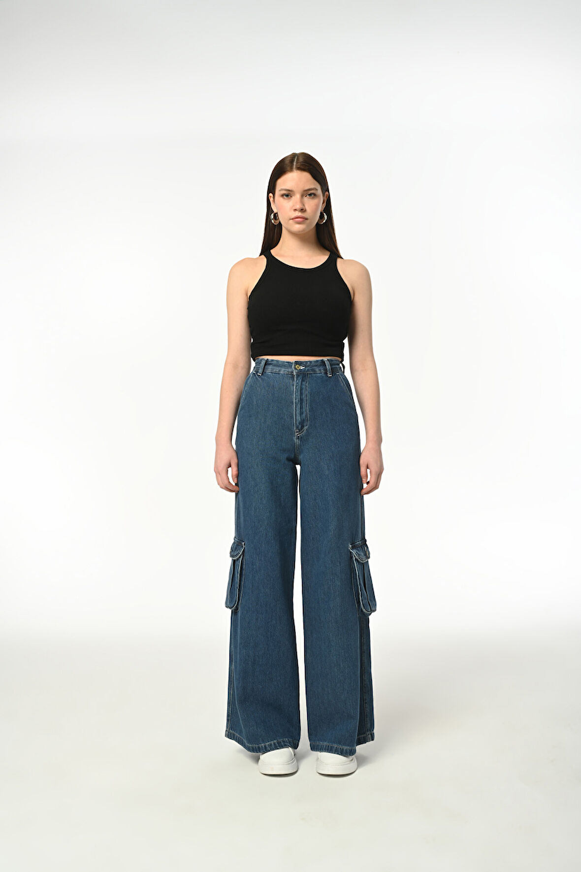 Wide Leg CARGO POCKET Günlük Kadın Jean Rigit Yüksek Bel Young Cargo Cep Denim Pantolon 