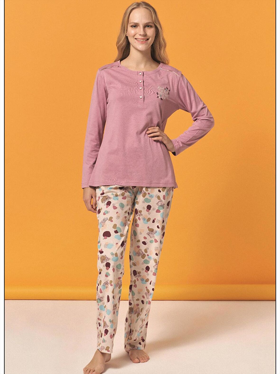 Over Sleep 135 Kadın Yazlık Pamuk Uzun Kol Pijama Takım