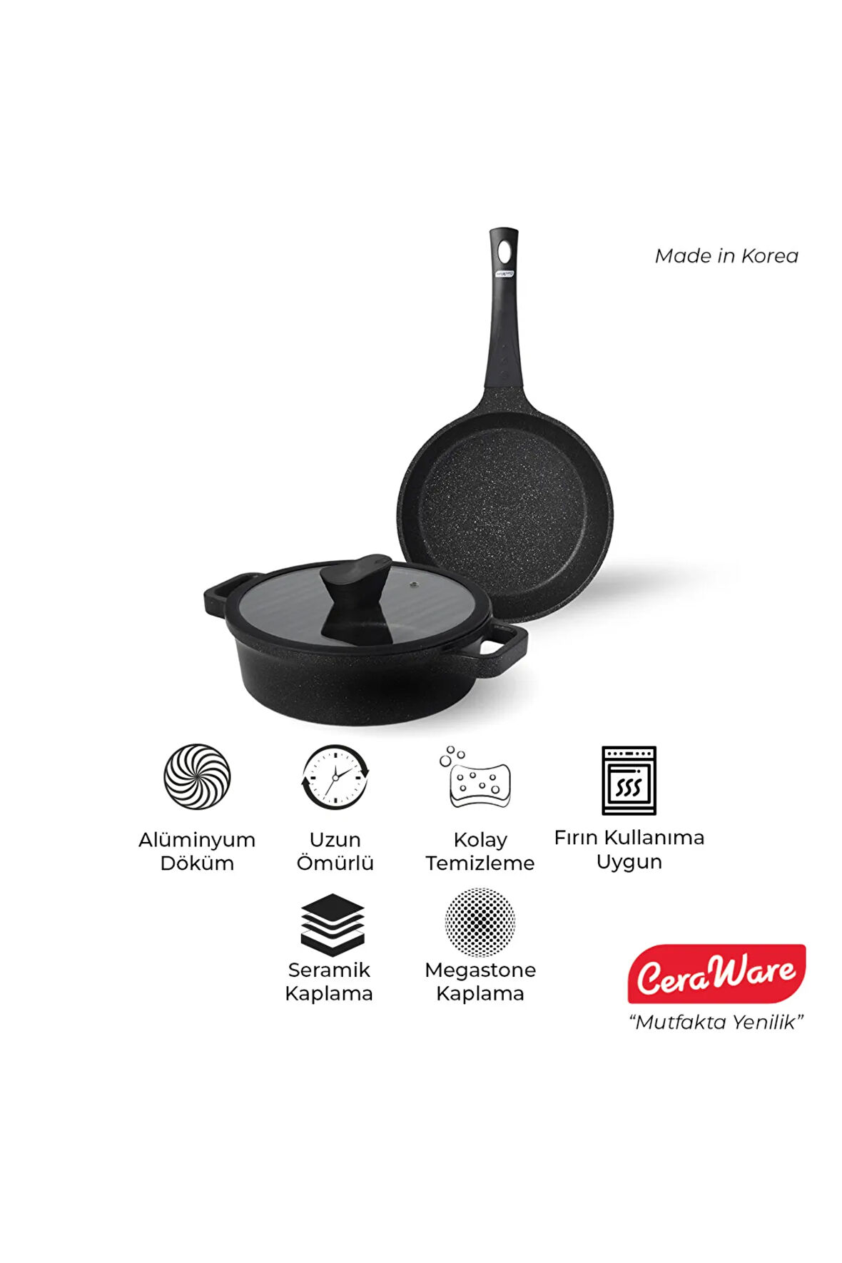 Ceraware Vetta 3 Parça Megastone Kaplama Yapışmaz 24 cm tava + 20 cm derin Tencere Seti Siyah