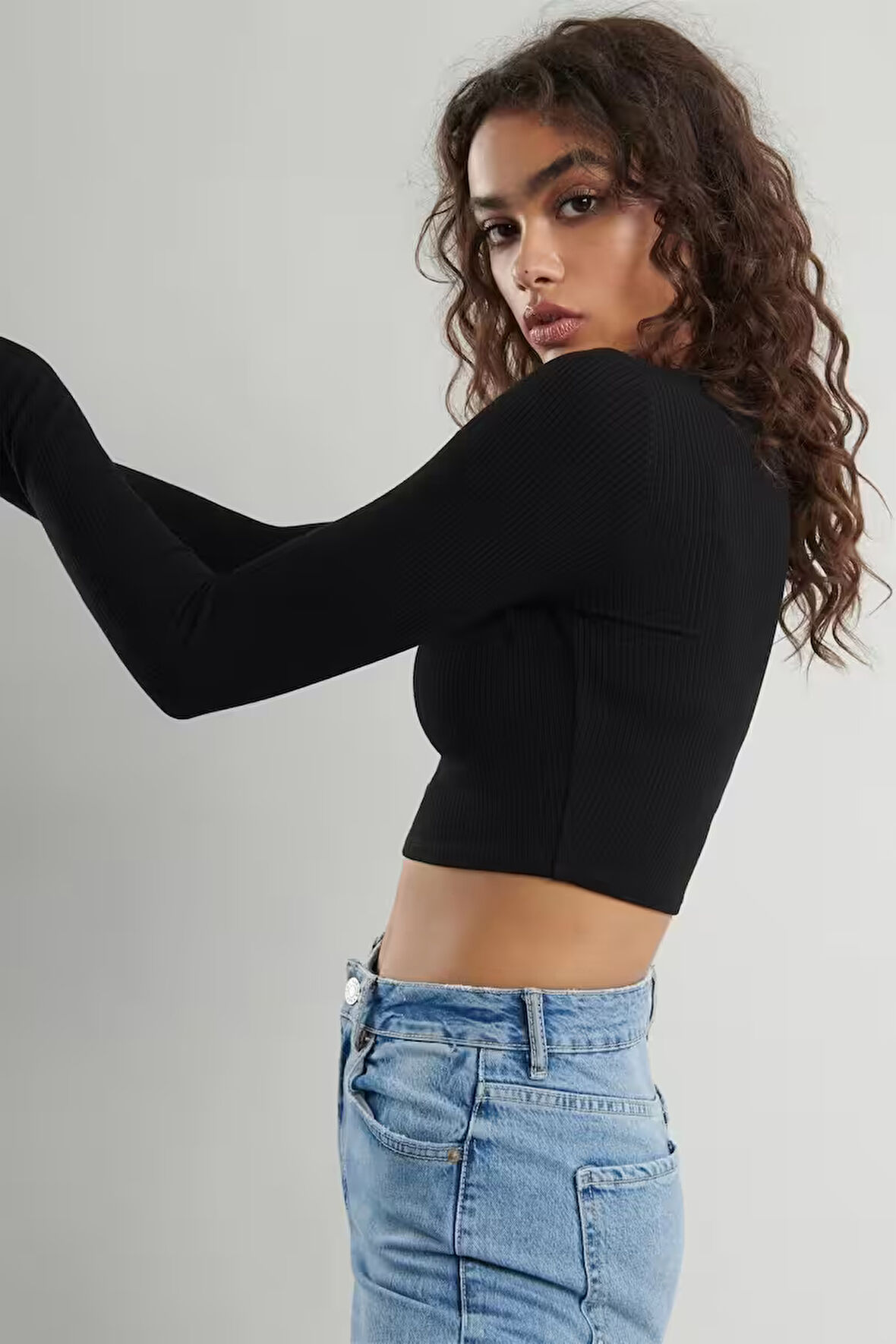 Kadın Siyah Uzun Kollu Fitilli Bluz Crop Örme T-shirt