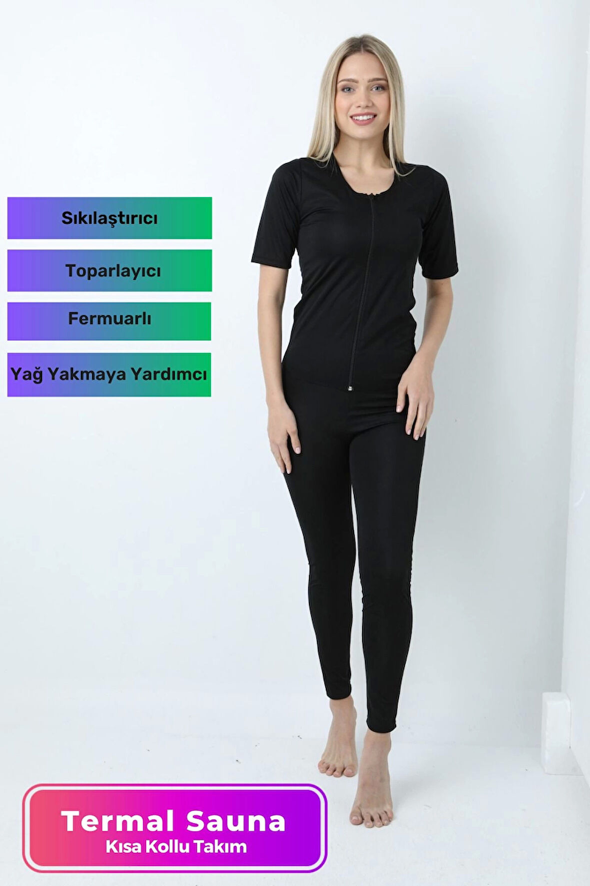 Yeni Sezon Toparlayıcı Sıkılaştırıcı Yağ Yakan Terleten Kısa Kollu Fermuarlı Sauna Takım