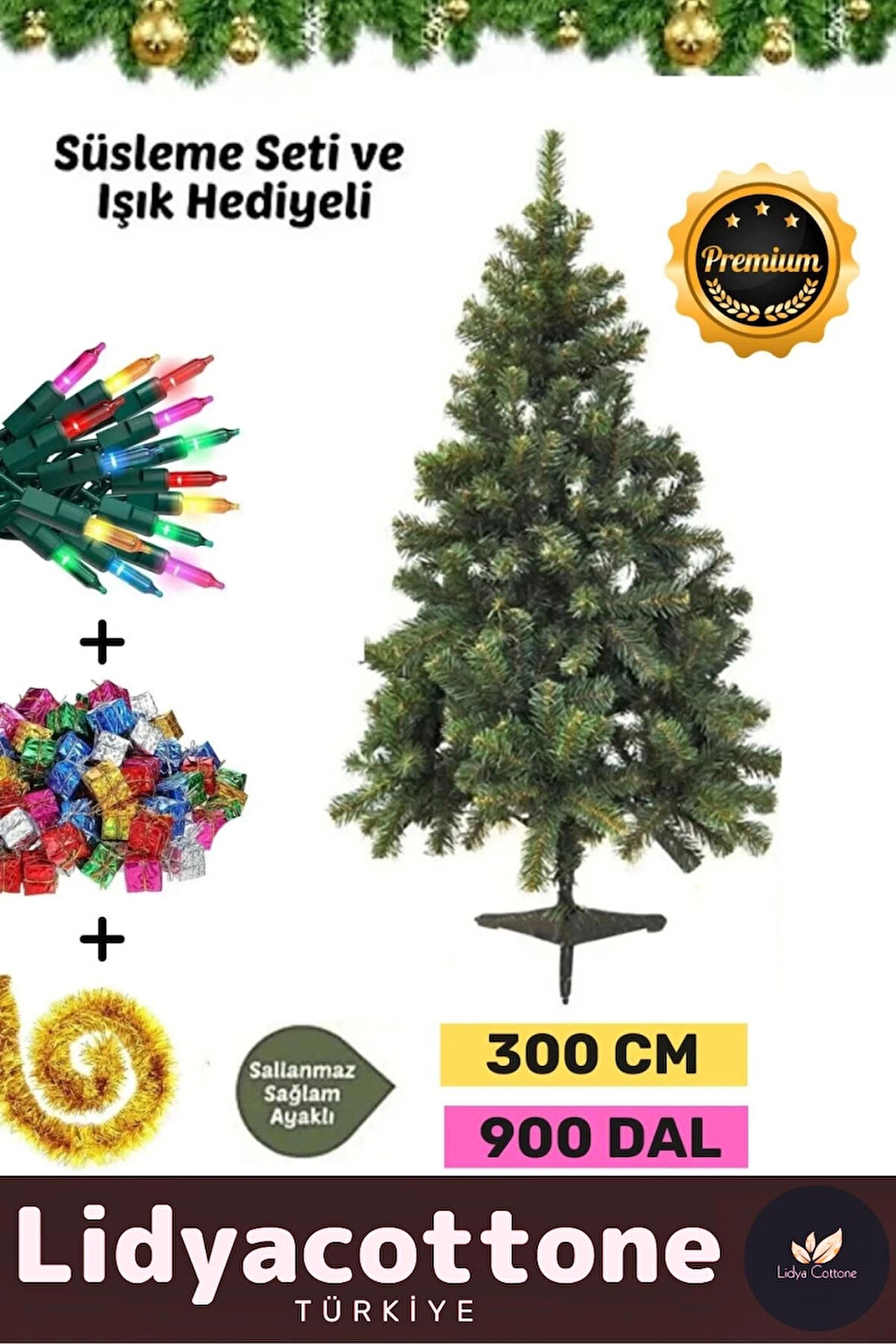 Premium Noel Paketi Kutu Süsleme Seti Yılbaşı Çam Ağacı Renkli Işığı Yeni Yıl Eğlence 300Cm 900 Dal