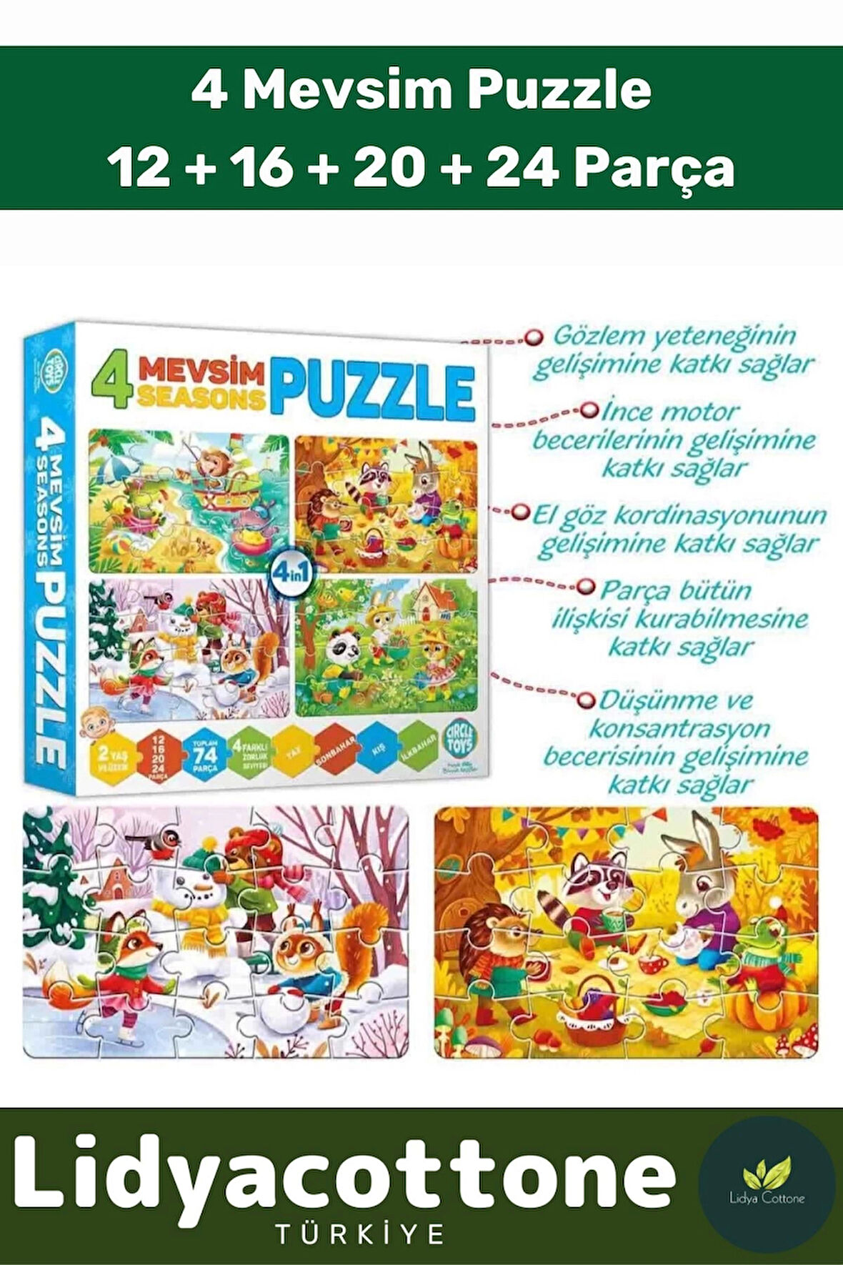 Premium Zeka Geliştirici Eğitici Öğretirken Eğlendiren Çocuk 12 +16 + 20 + 24 Parça Puzzle: 4 Mevsim