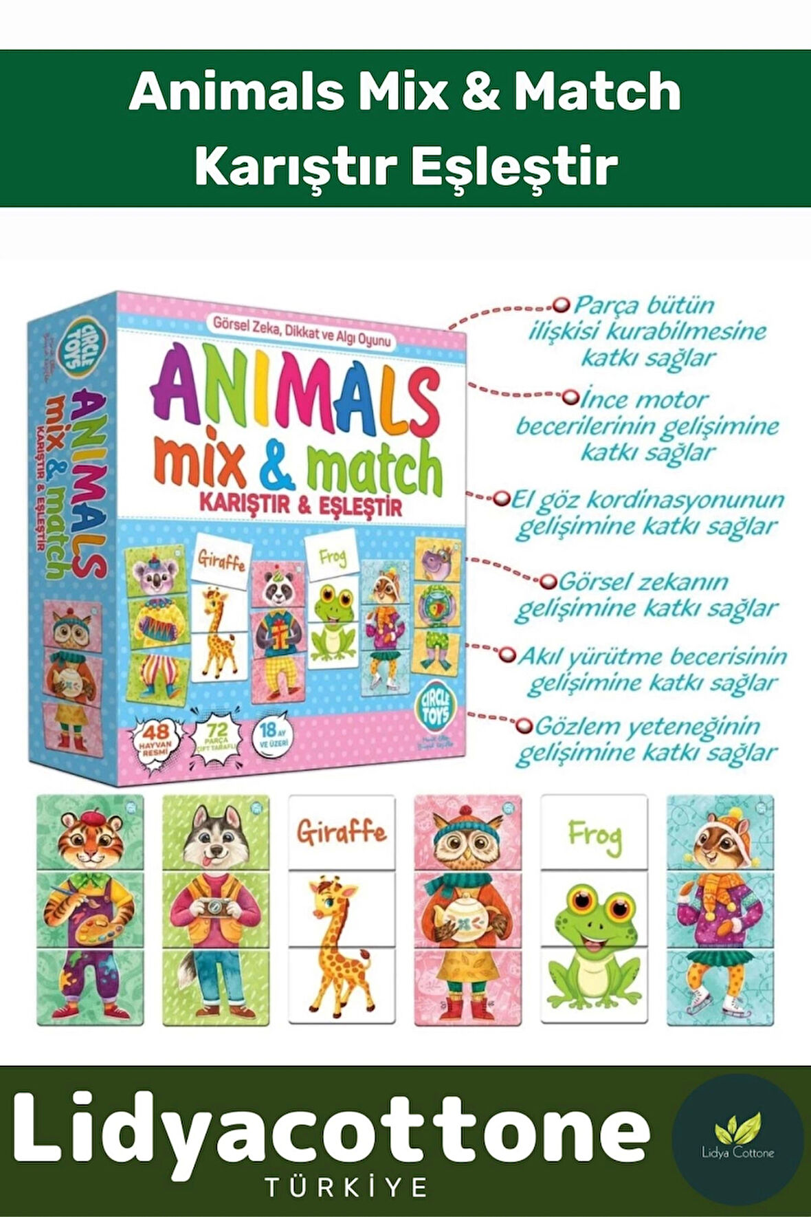 Premium Zeka Geliştirici Çocuk El Göz Koordinasyonu Animals Mix & Match Karıştır Eşleştir Eğlen