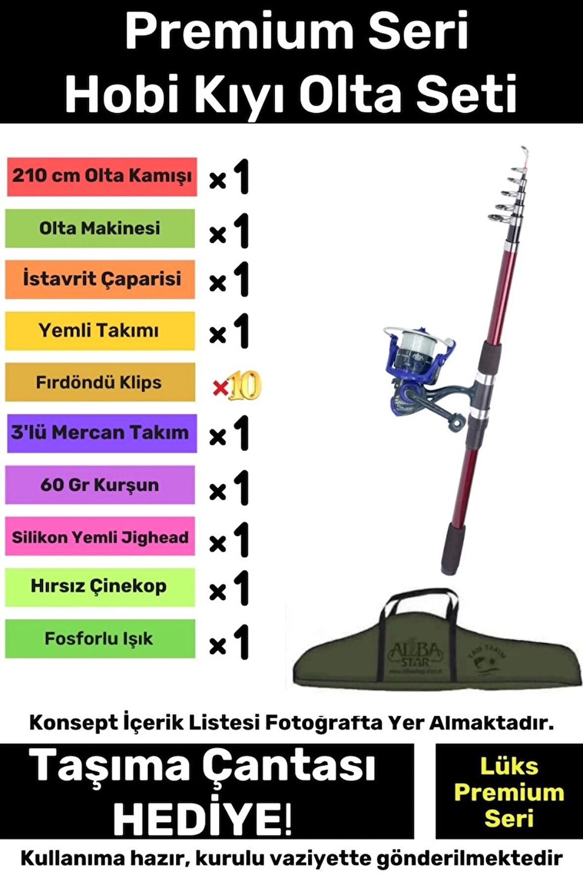 Tam Takım Hobi Kıyı Olta Seti Özel Üretim Şık Taşıma Çantalı Hazır Kurulu - 360cm Kamış Hediyeli