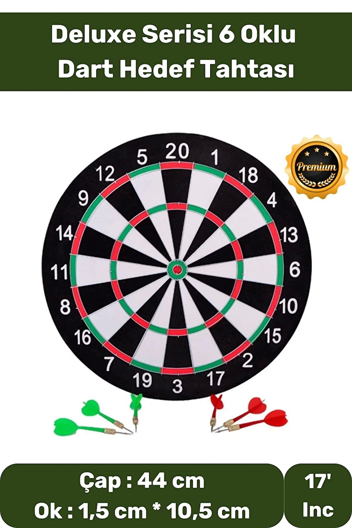 Premium Seri büyük Boy Dart Seti Kaliteli 17' Iç Dış 44 Cm 6 Ok Dart Ahşap Hedef Tahtası