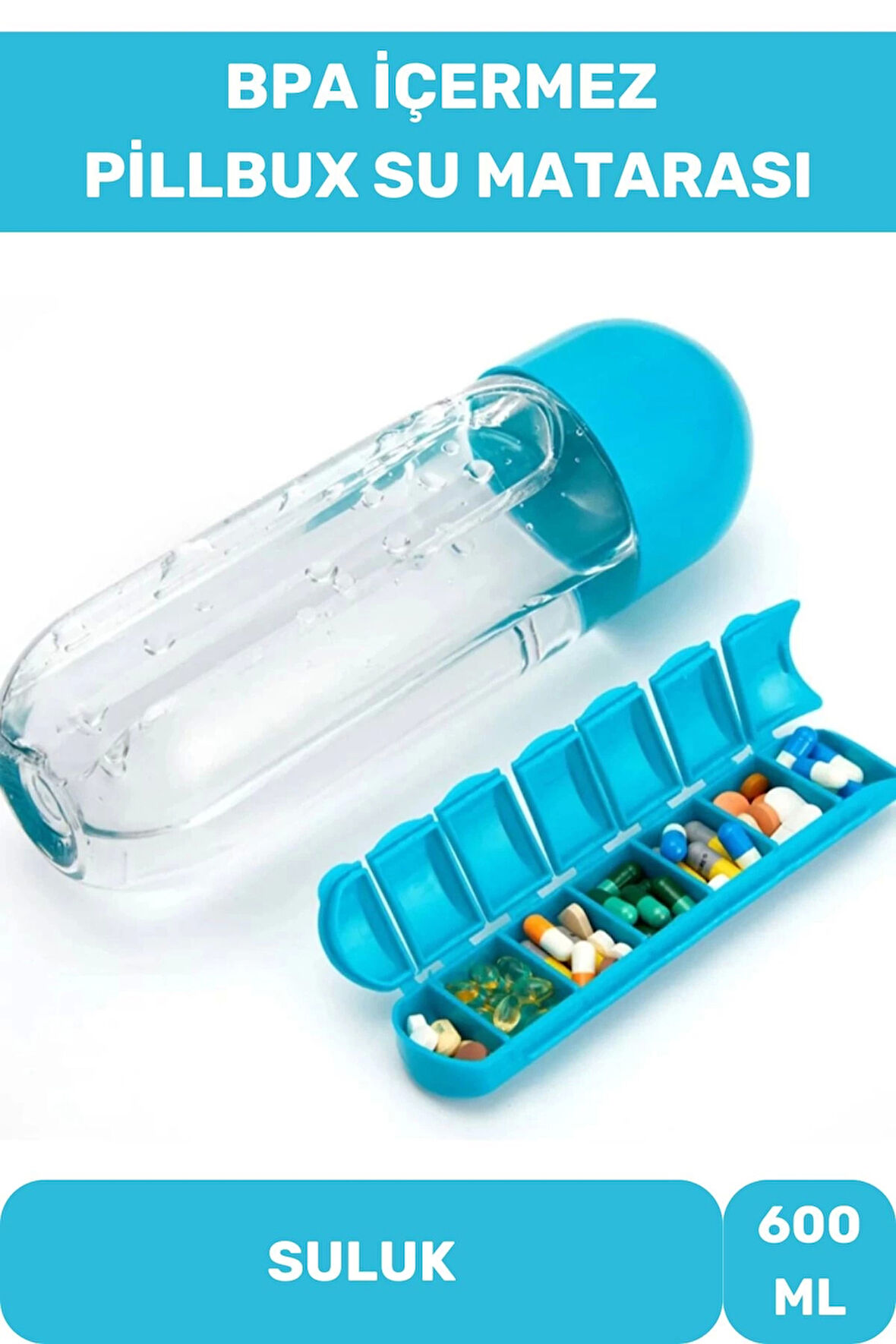 Özel Üretim Hap Bölmeli İlaç Saklama %100 BPA İçermez Su Matarası 600 Ml Suluk