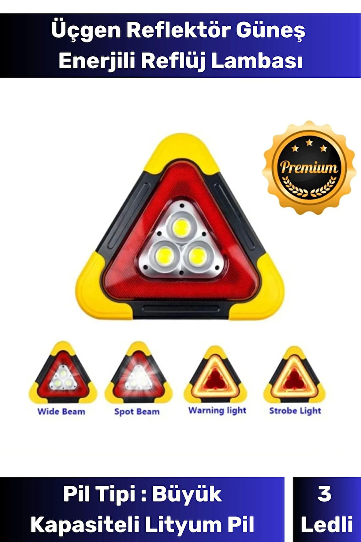 Premium Su Geçirmez 3 Ledli Solar Üçgen Reflektör Güneş Enerjili Refluj Araba Oto Lambası