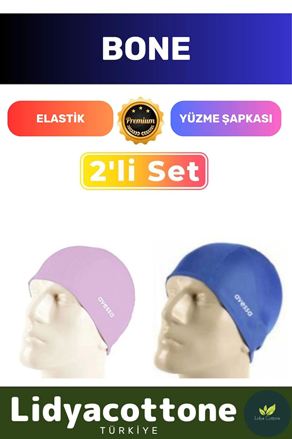 Premium Elastik Yüzme Şapkası Su Geçirmez Silikon Yüzücü Havuz Deniz Bonesi 2'li Set