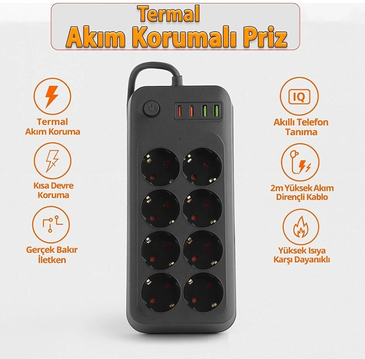 8 Prizli 2 USB 2 Type-C Girişli Akım Korumalı Topraklı Şarj Fiş Priz 2 Metre Uzatma Kablosu