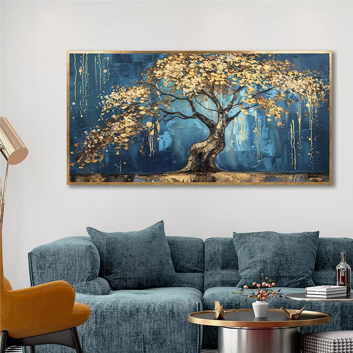 Yağlı Boya Dokulu Tablo Mavi Fonda Bonsai Ağacı U01009