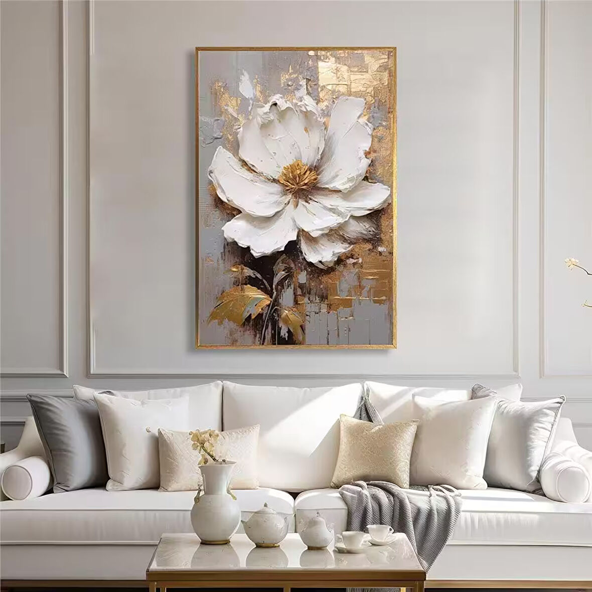 Yağlı Boya Dokulu Tablo Modern Tek Beyaz Çiçek U02018