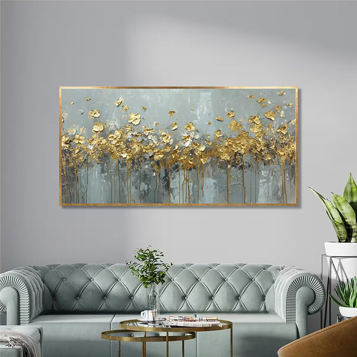 Yağlı Boya Dokulu Tablo Soyut Altın Çiçekler U02036