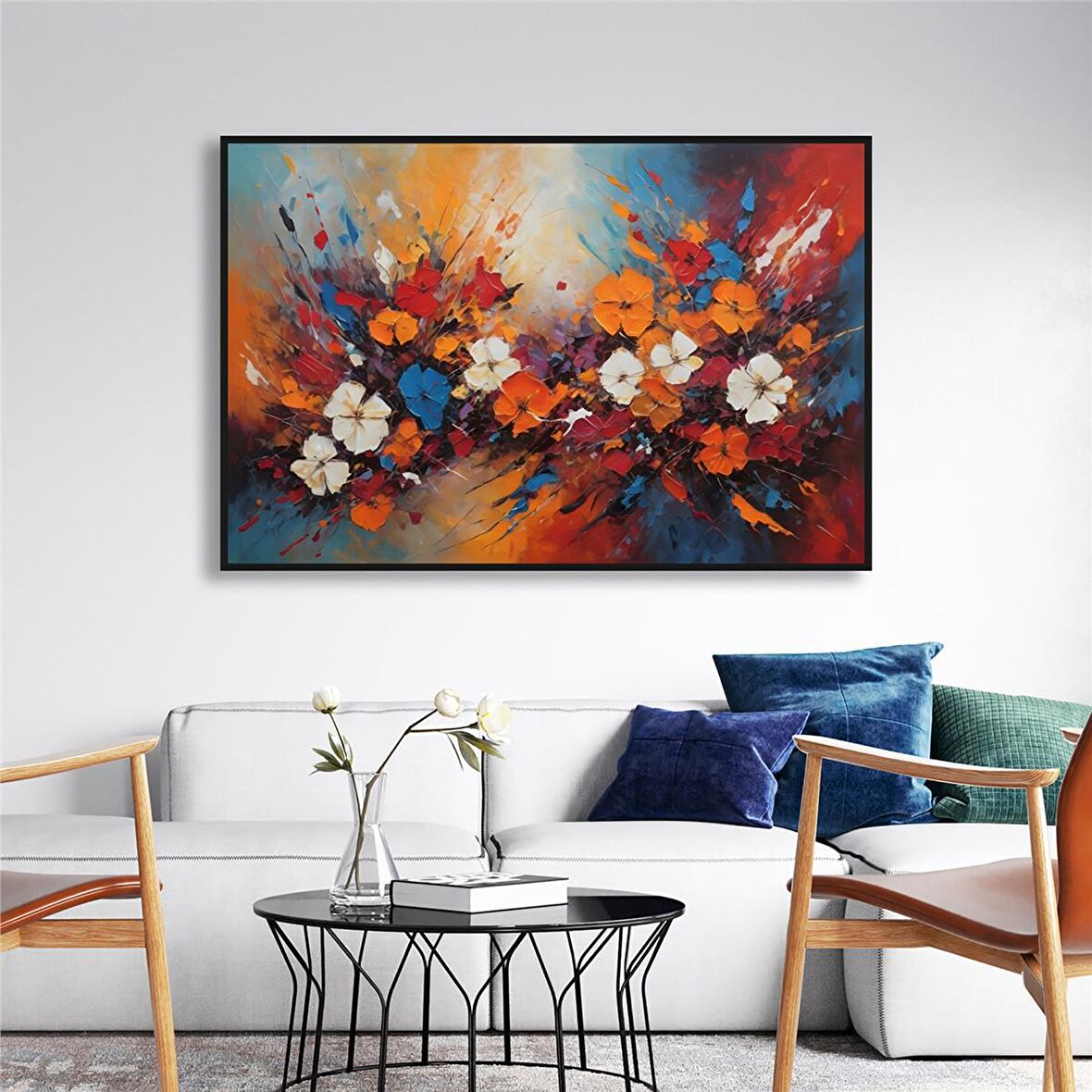 Yağlı Boya Dokulu Tablo Soyut Renkli Bahar Çiçekleri U02039