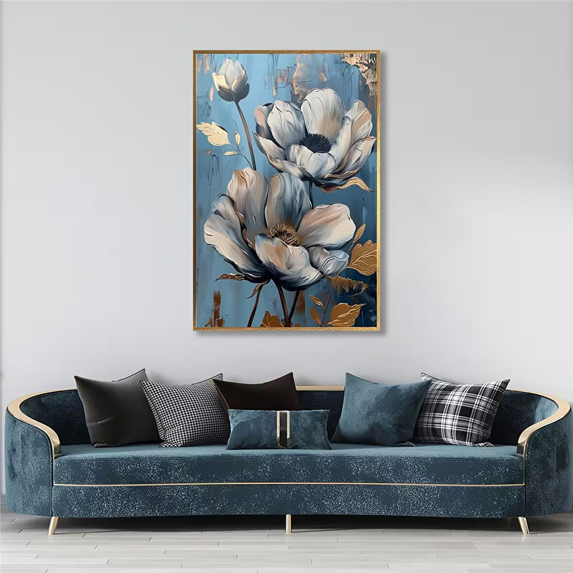 Yağlı Boya Dokulu Tablo Mavi Fonda Beyaz Altın Çiçekler U02051