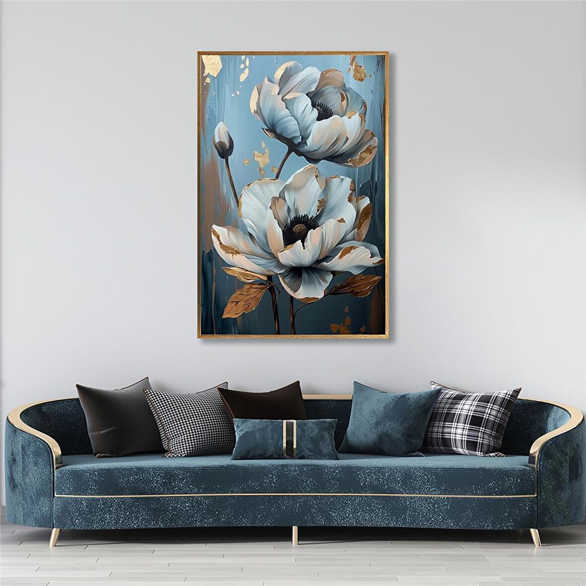 Yağlı Boya Dokulu Tablo Mavi Fonda Beyaz Altın Çiçekler 2 U02052