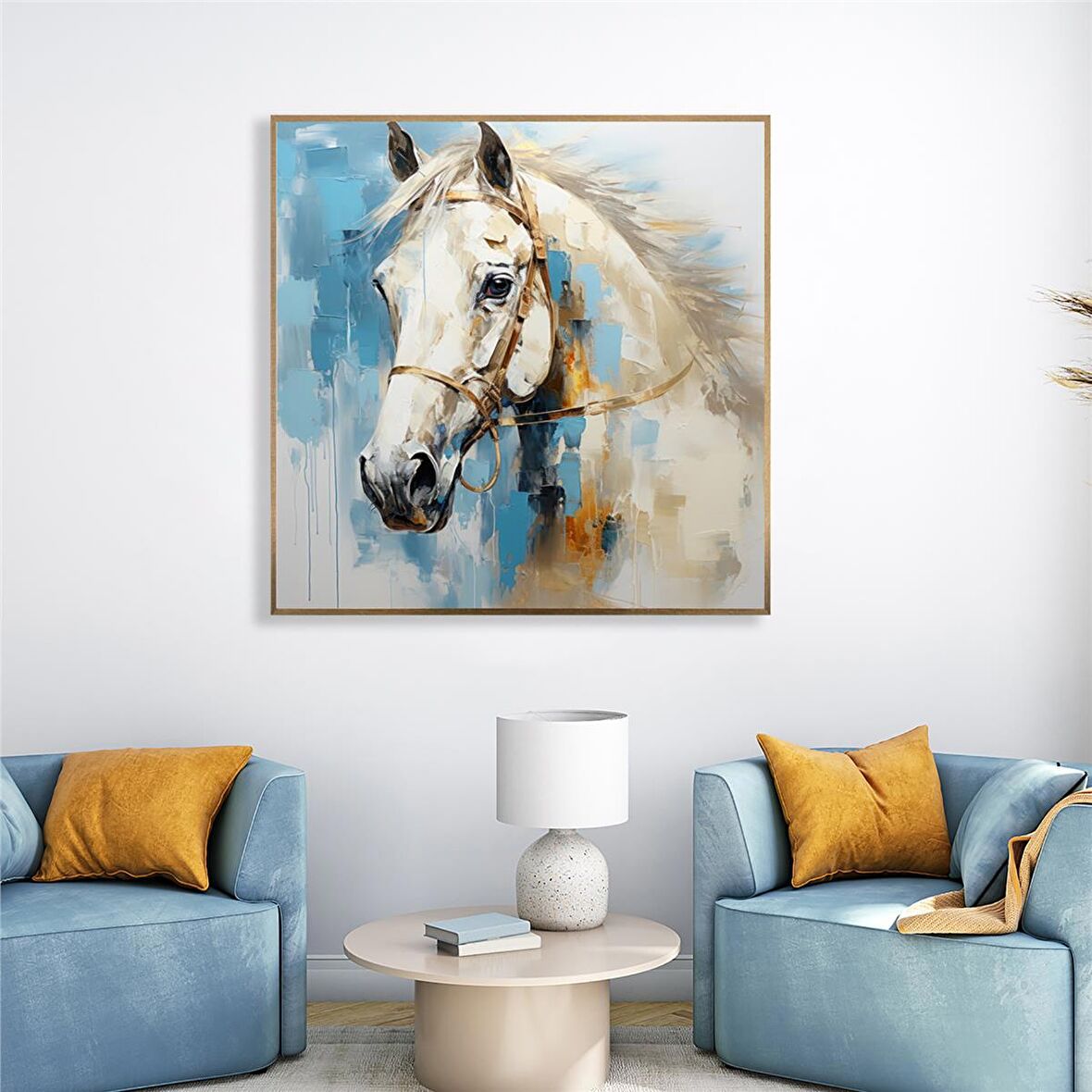 Yağlı Boya Dokulu Tablo Mavi Fonda Beyaz At U04019