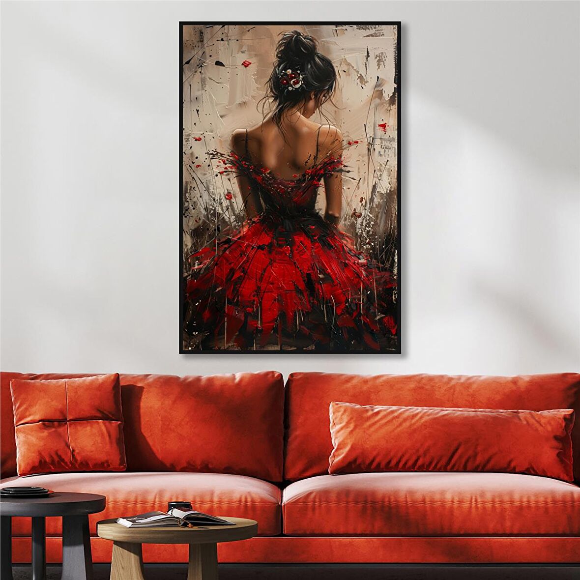 Yağlı Boya Dokulu Tablo Modern Kırmızı Elbiseli Sırtı Dönük Kadın U05009