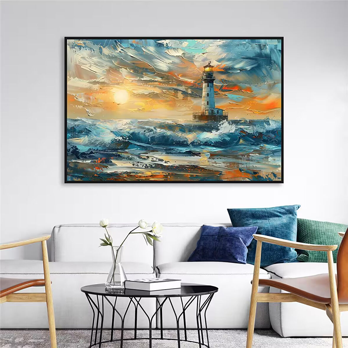 Yağlı Boya Dokulu Tablo Kırmızı Gelincikler ve Köy Evi Manzarası U06030