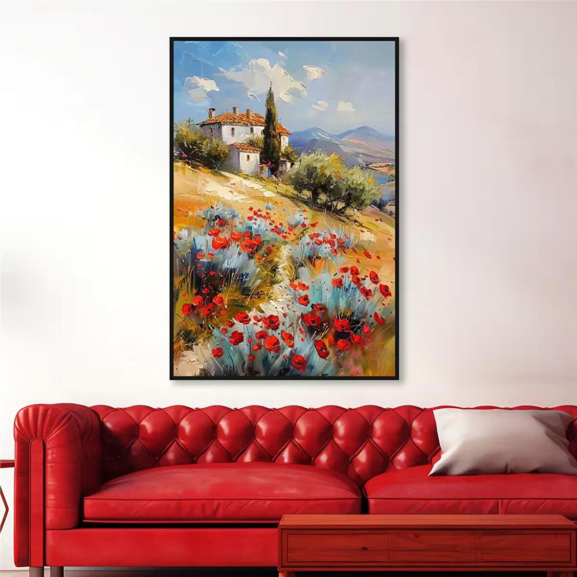 Yağlı Boya Dokulu Tablo Kırmızı Gelincikler ve Köy Evi Manzarası U06032