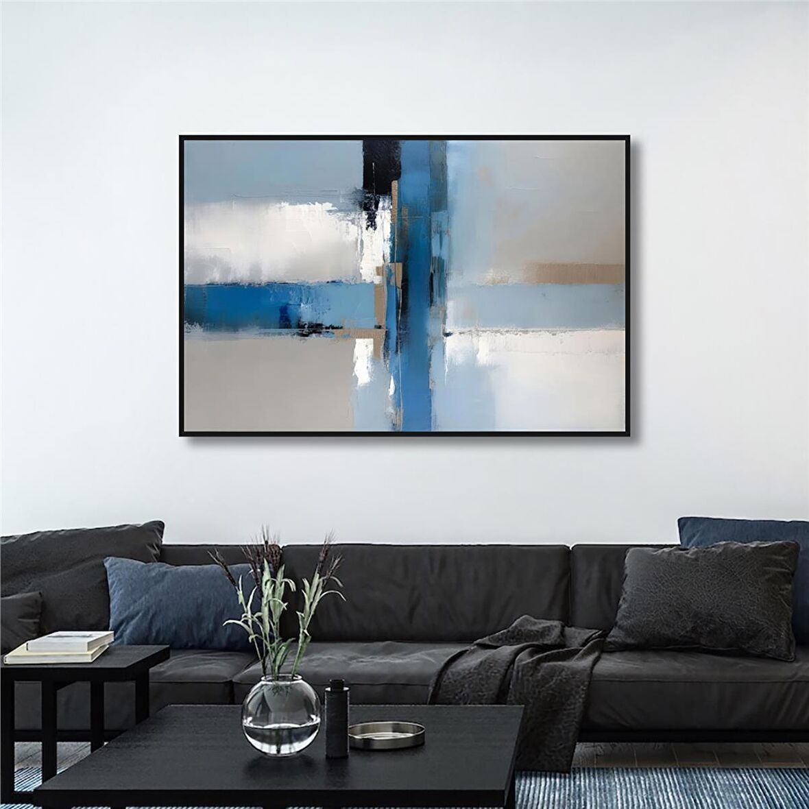 Yağlı Boya Dokulu Tablo Mavi Gri Beyaz Soyut U08031