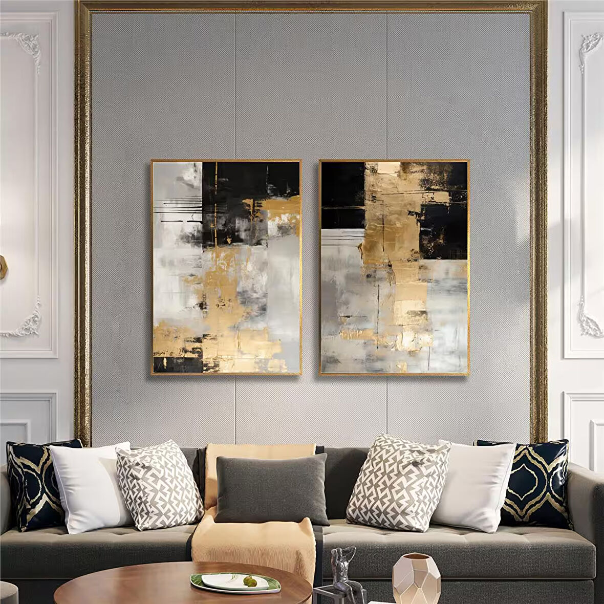 Yağlı Boya Dokulu Tablo Siyah Gri Altın Soyut İkili Set U08048