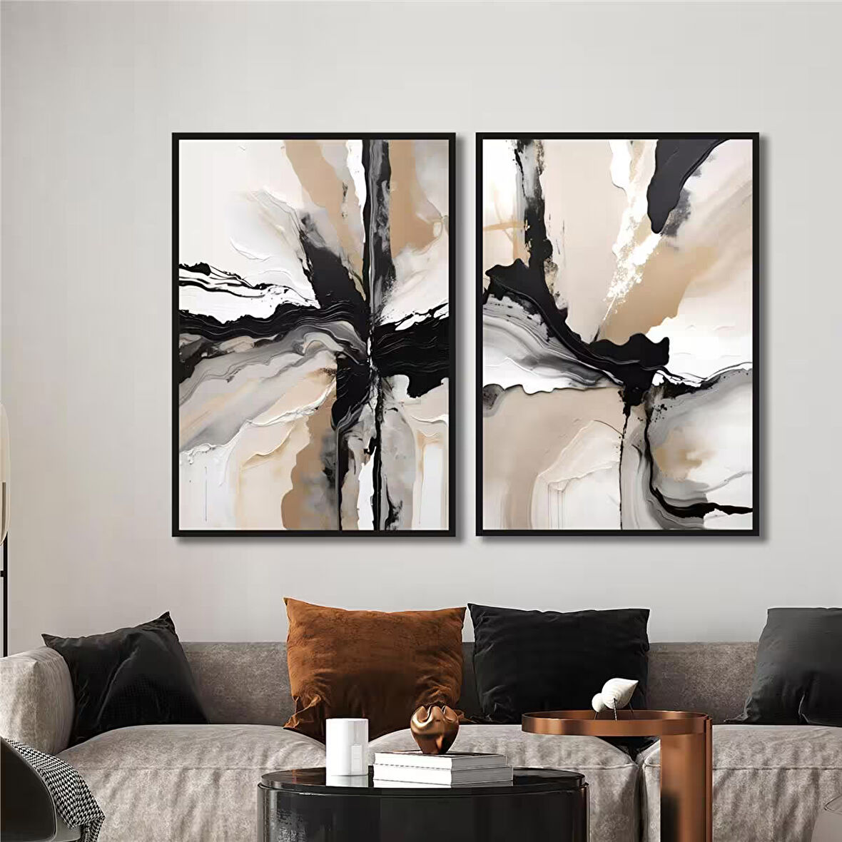 Yağlı Boya Dokulu Tablo Siyah Beyaz Bej Soyut İkili Set U08062