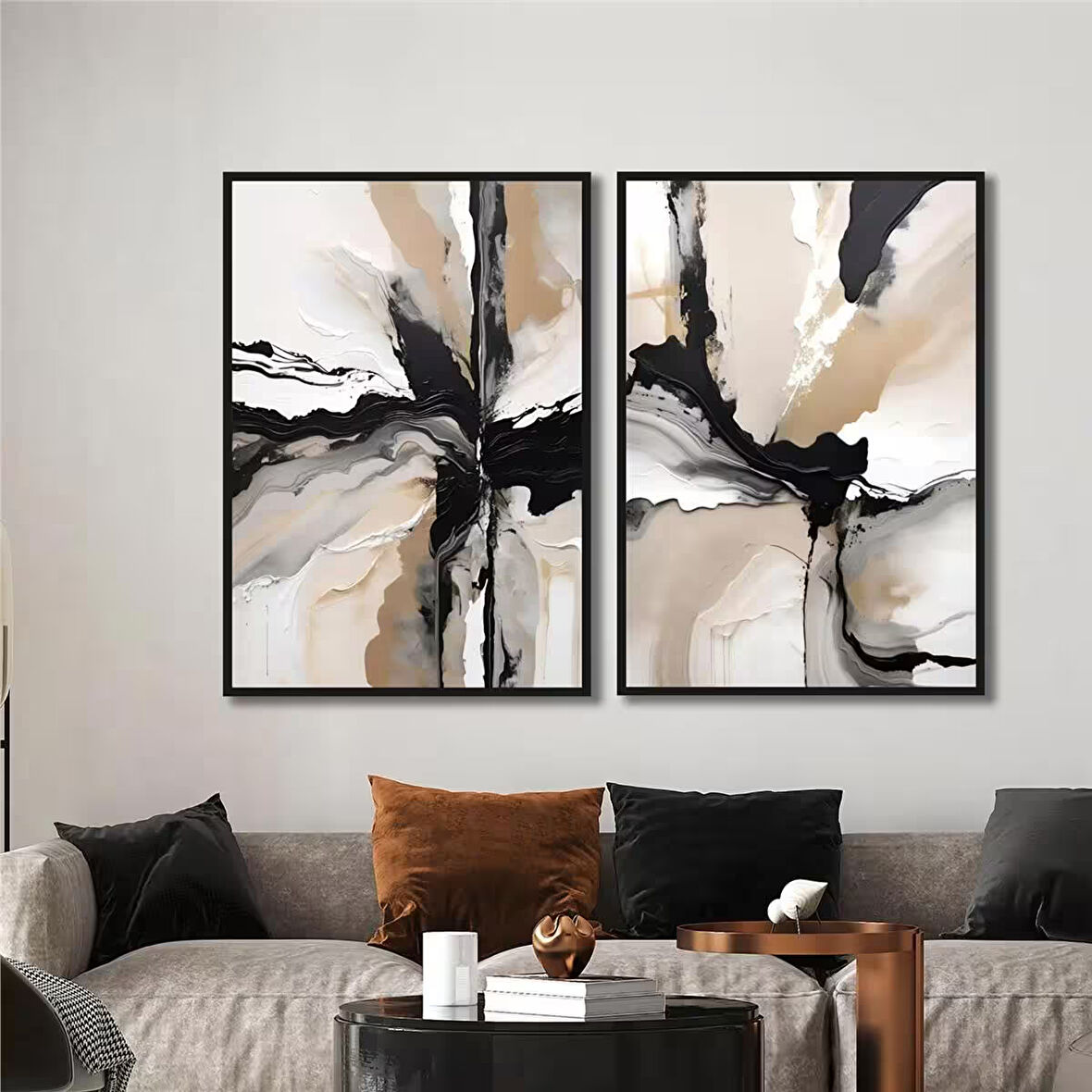 Yağlı Boya Dokulu Tablo Siyah Beyaz Bej Soyut İkili Set U08062