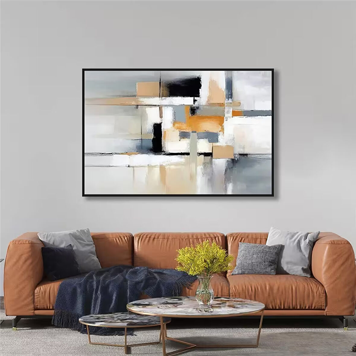 Yağlı Boya Dokulu Tablo Siyah Bej Gri Soyut U08077