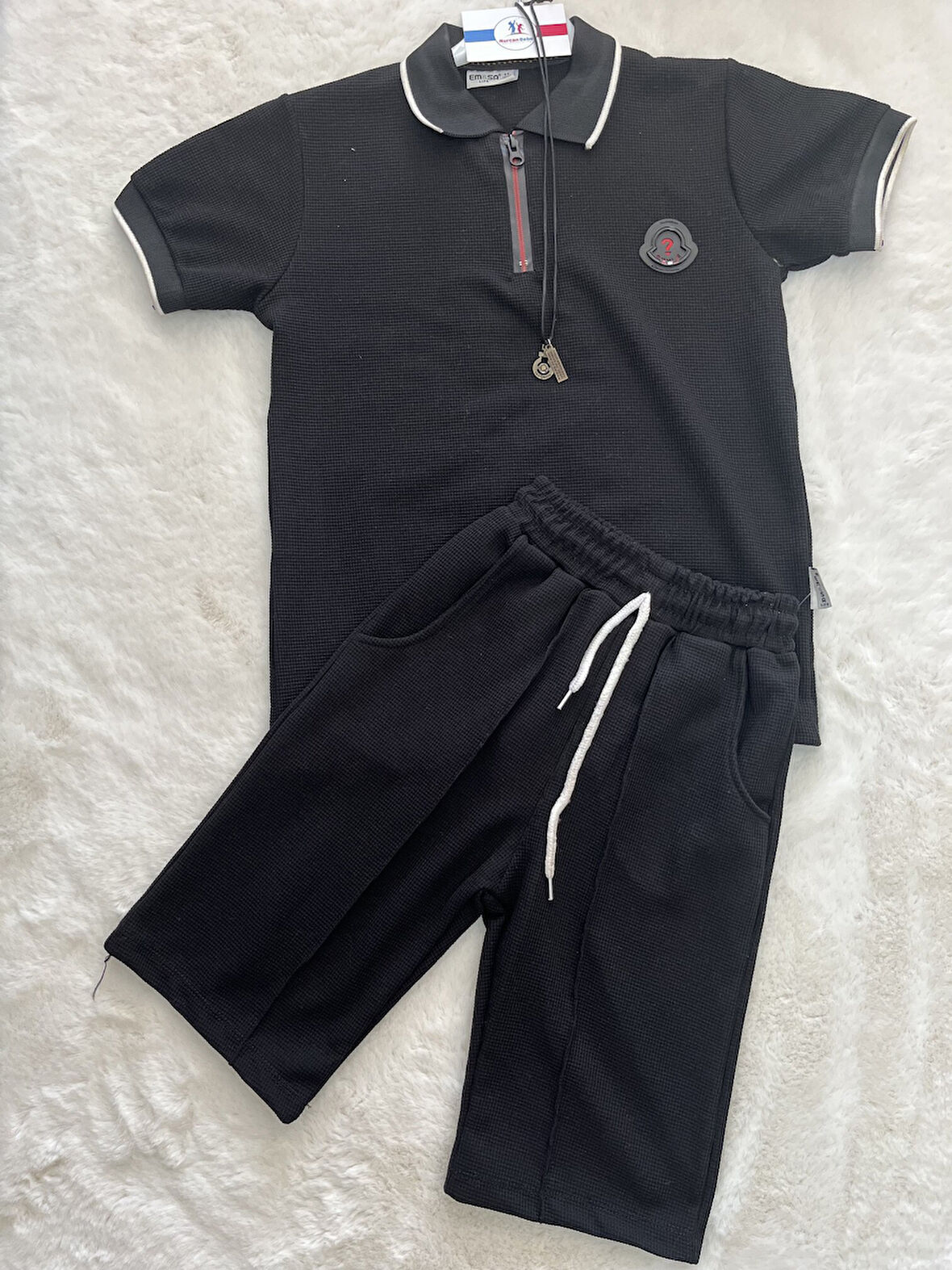 Waffle Kumaş  Şortlu İkili Kolye Hediyeli Takım