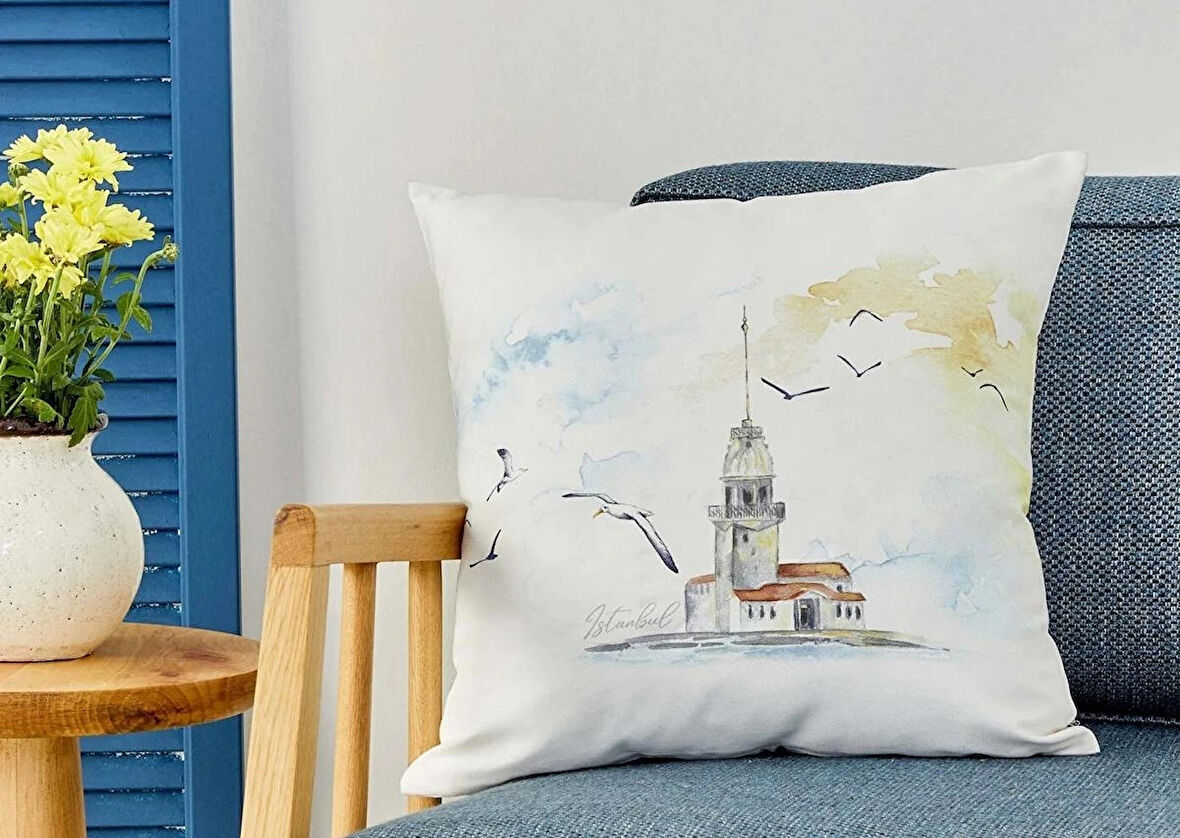 Karaca Home Kız Kulesi Ekru Desenli İç Dolgulu Kırlent 45×45 cm | Şık Ve Keyifli Dekoratif Yastık