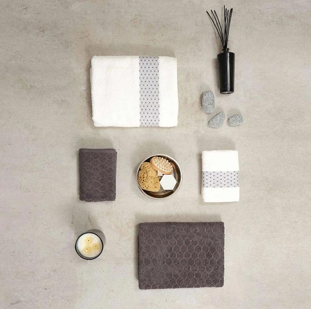 Karaca Hamam Seti %100 Pamuk Lossi Offwhite/Gri