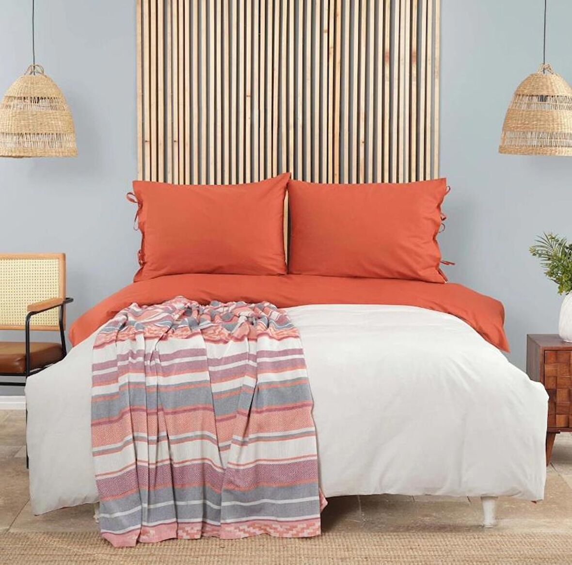 Karaca Home Nevresim Takımı Çift Kişilik/Çift Taraflı Basic Terecota/Taş Pike Hediyeli