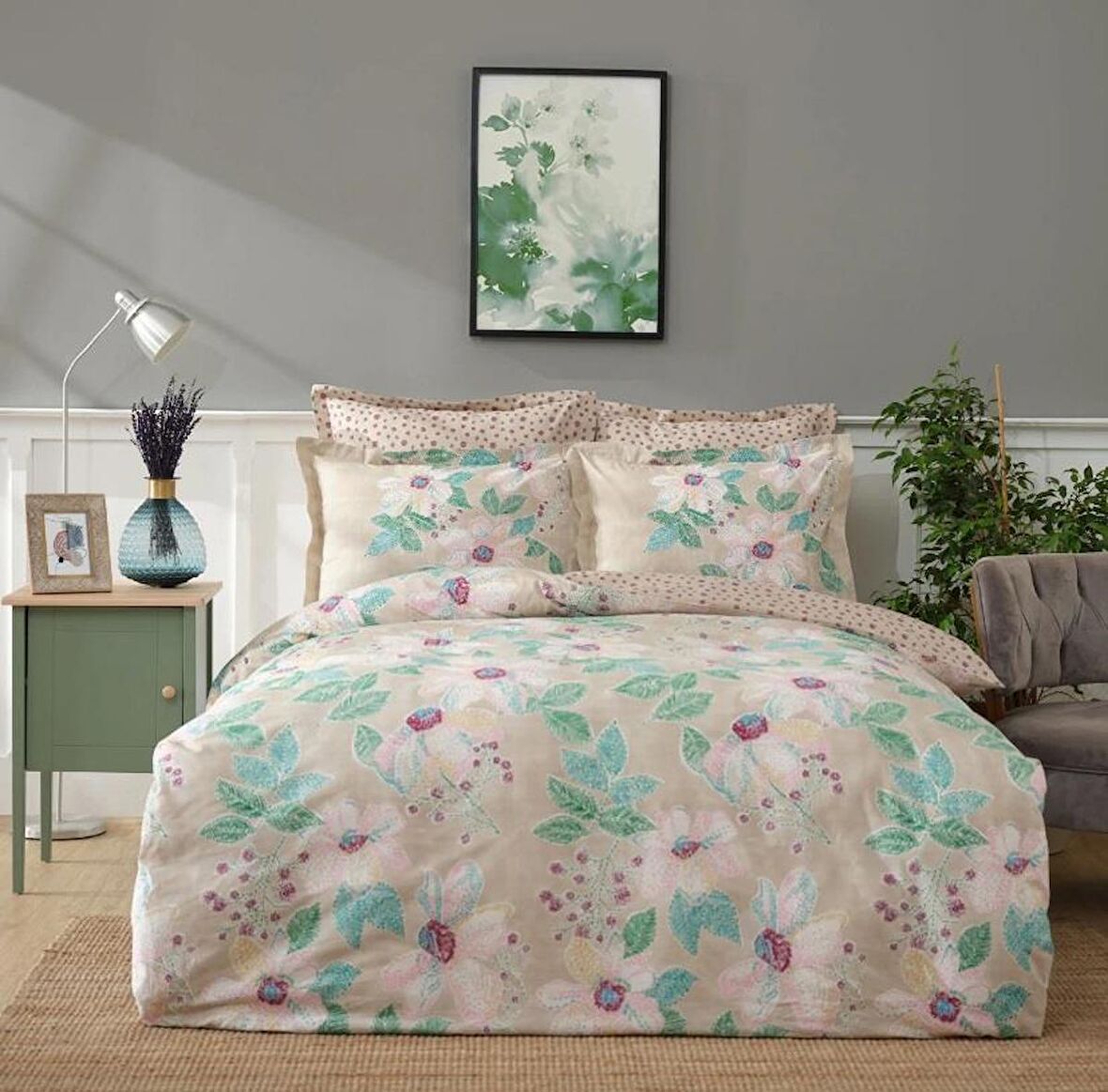 Karaca Home Nevresim Takımı %100 Pamuk Çift Kişilik Fiore Bej (Fitted)