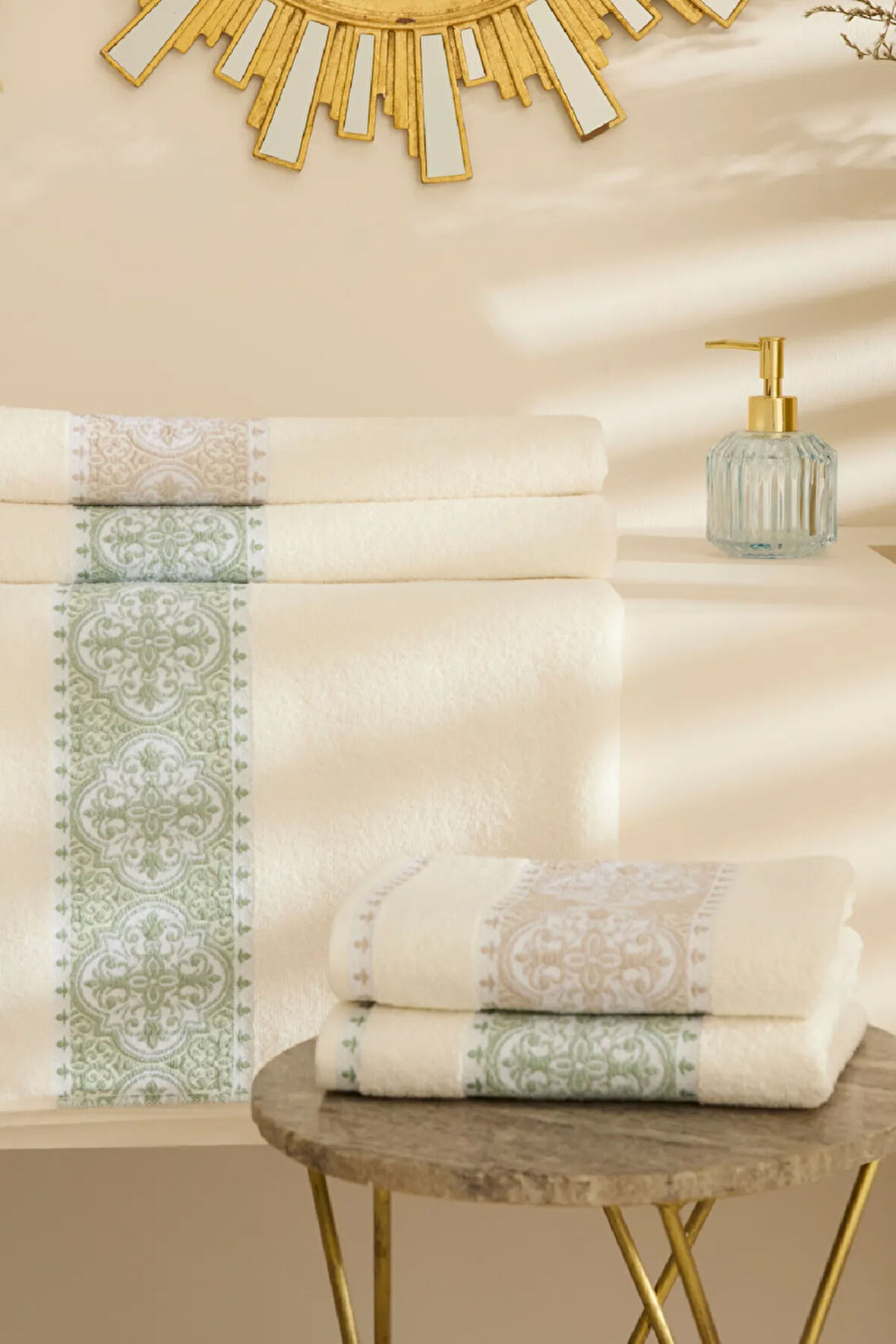 Karaca Home Cozy Bath Jakarlı %100 Pamuk 4 Parça Hamam Seti Yeşil-Bej 