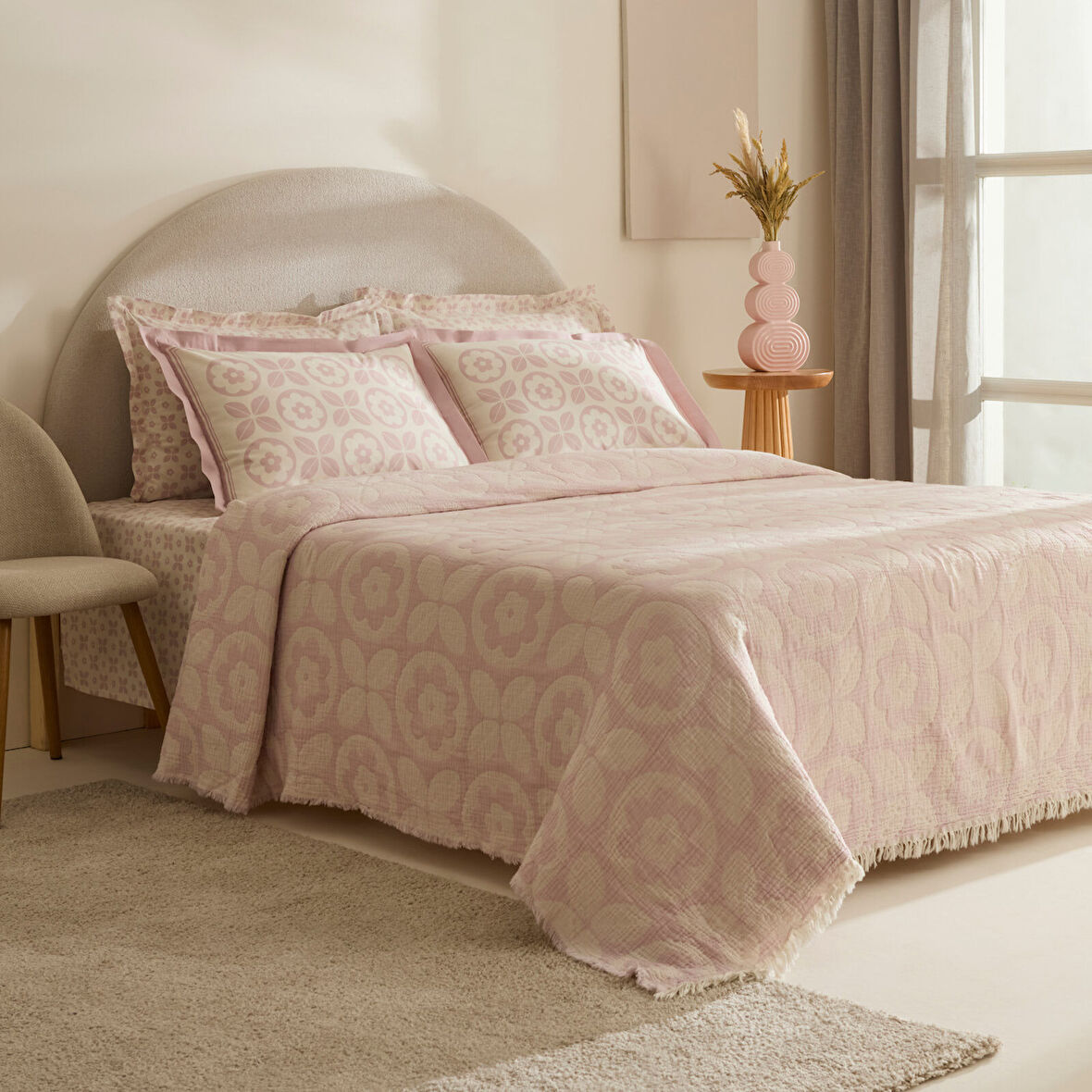 Karaca Home Shayla Pembe Baskılı Müslin Çift Kişilik Pike Takımı