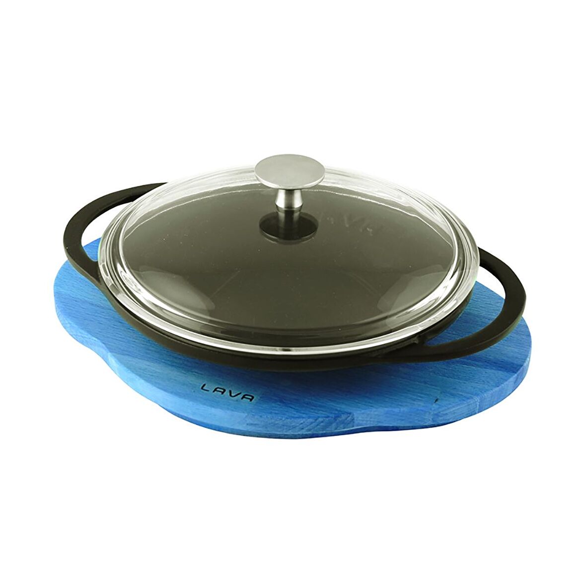 Lava Döküm Saç Kavurma Tavası, Metal Kulplu, Cam kapaklı ve ahşap altlıklı. Çap(Ø)20cm.