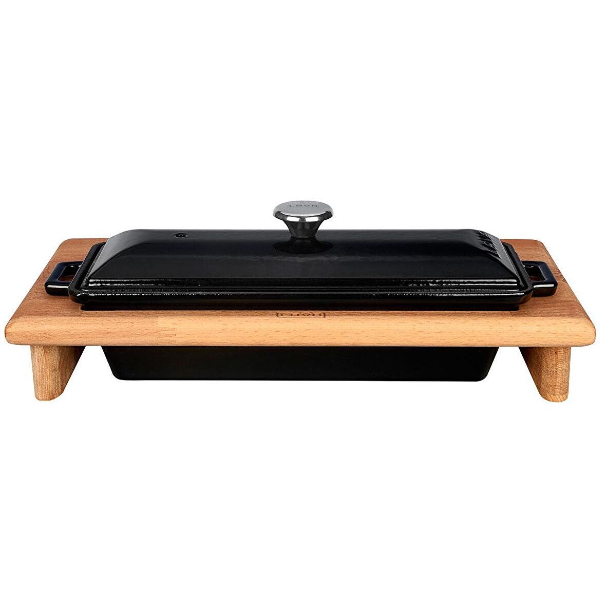 Lava Döküm Ekmek Kabı / Terrine ve ahşap standı. Ölçü 11x29cm. - Siyah