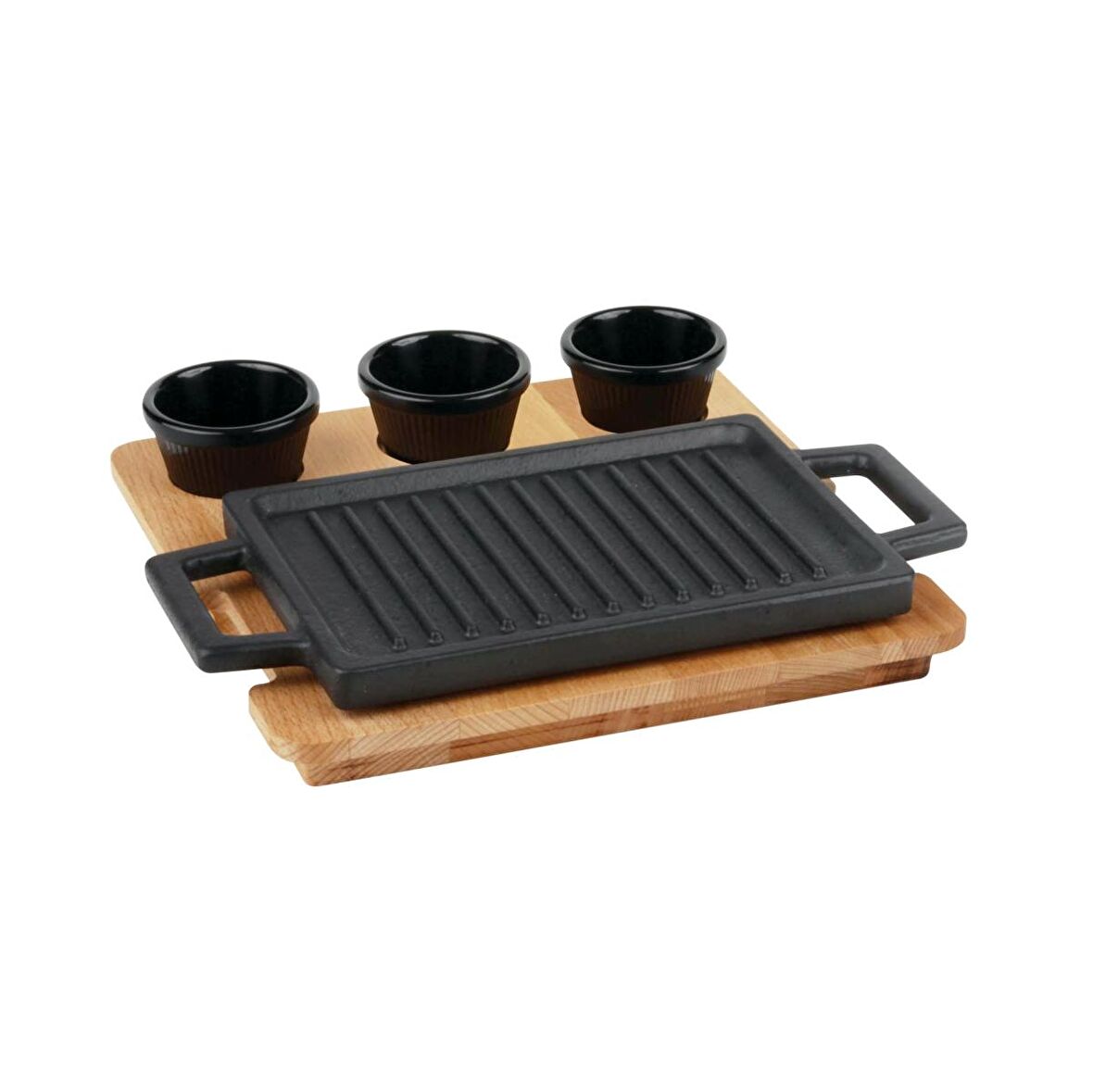 Lava Döküm Dikdörtgen Hot Plate, ahşap altlıklı. Ölçü 22x15cm. (Bu ürüne sos kapları dahil değildir)