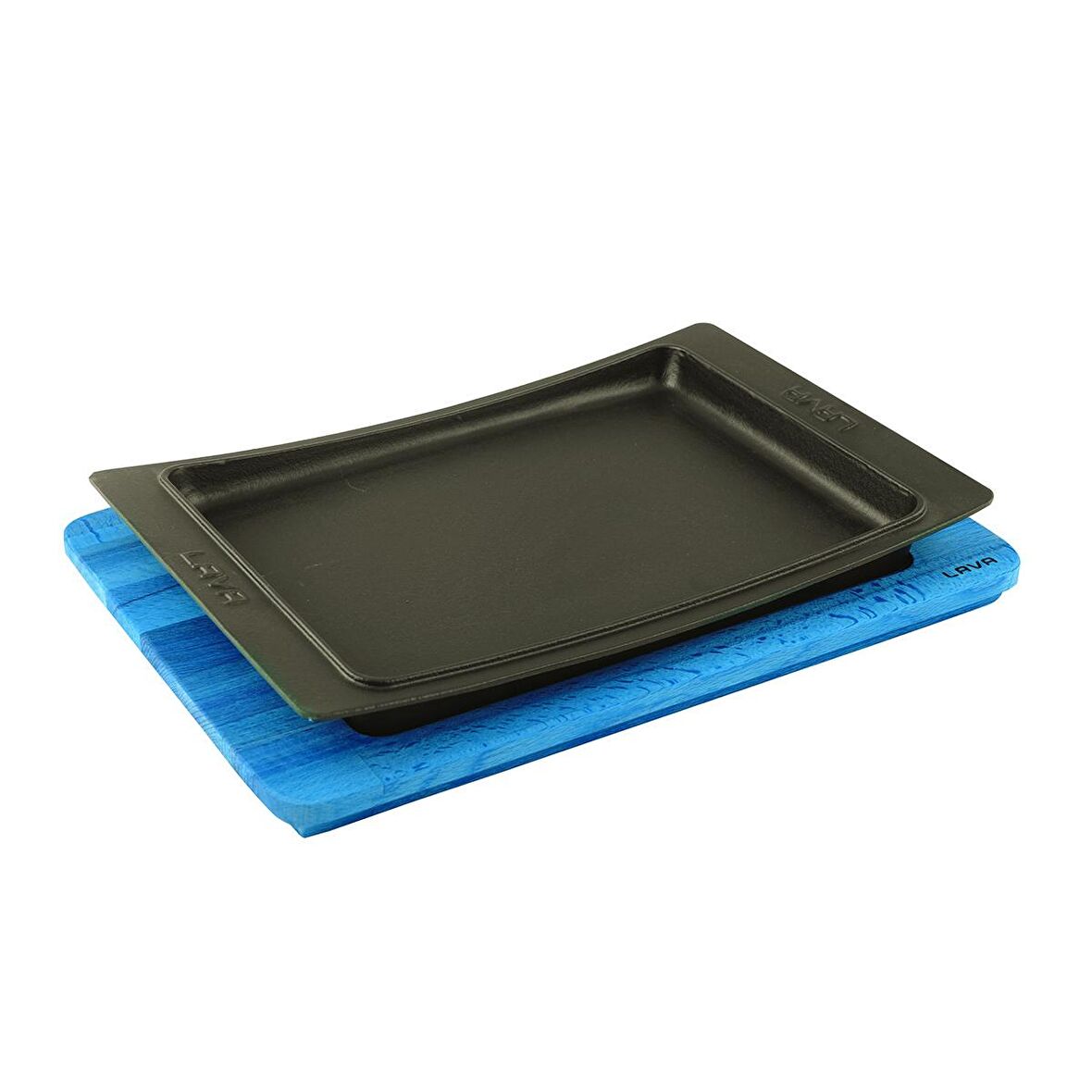 Lava Döküm Servis Tabağı ve ahşap altlık. Siyah renk. Ölçü 36x24cm.