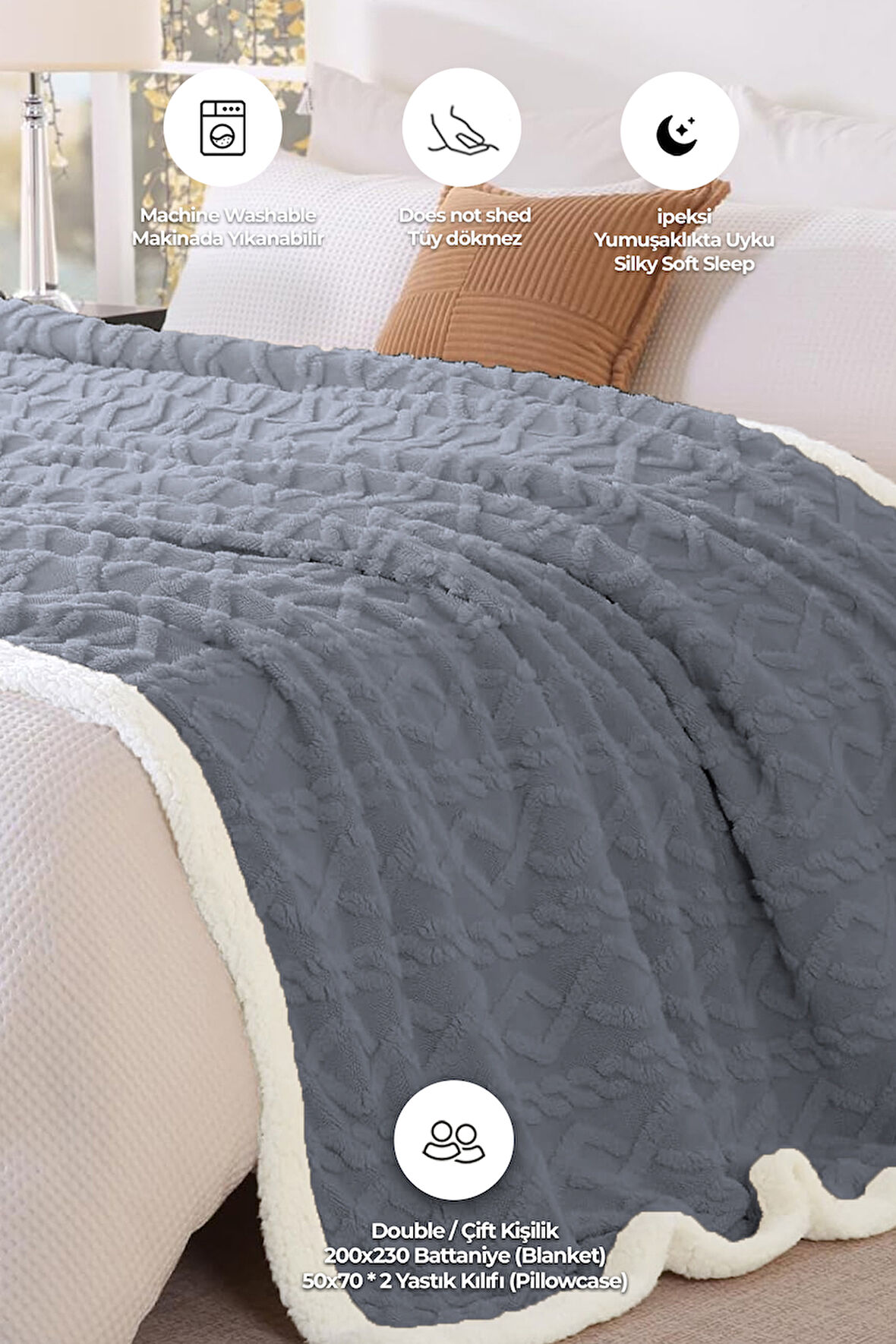 Pufly Jakar Sherpa Battaniye Seti Çift Kişilik 3 Parça Yumuşak Peluş Wellsoft Yatak Örtüsü