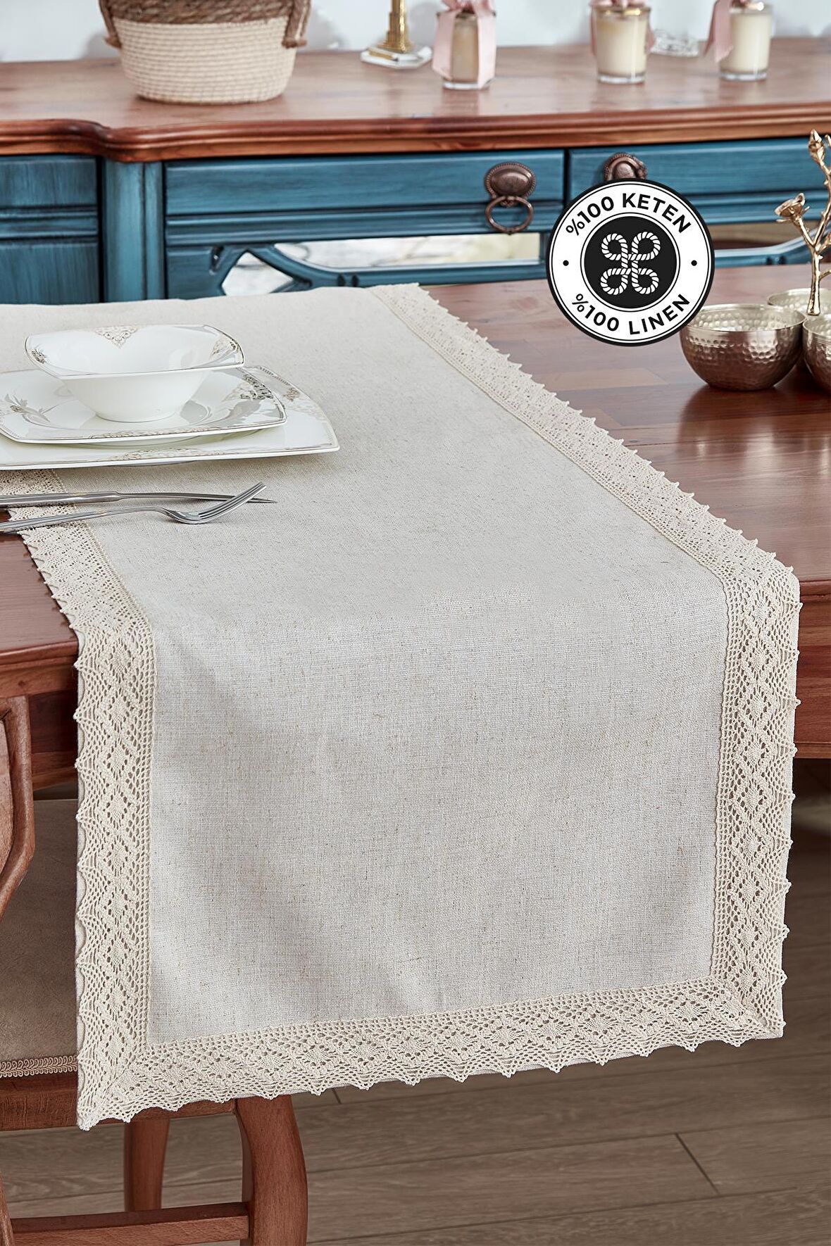 %100 Keten Pamuk Dantelli Runner 50x130 cm Linen Kumaş Masa Örtüsü Sehpa Leke Tutmaz Mutfak Bej